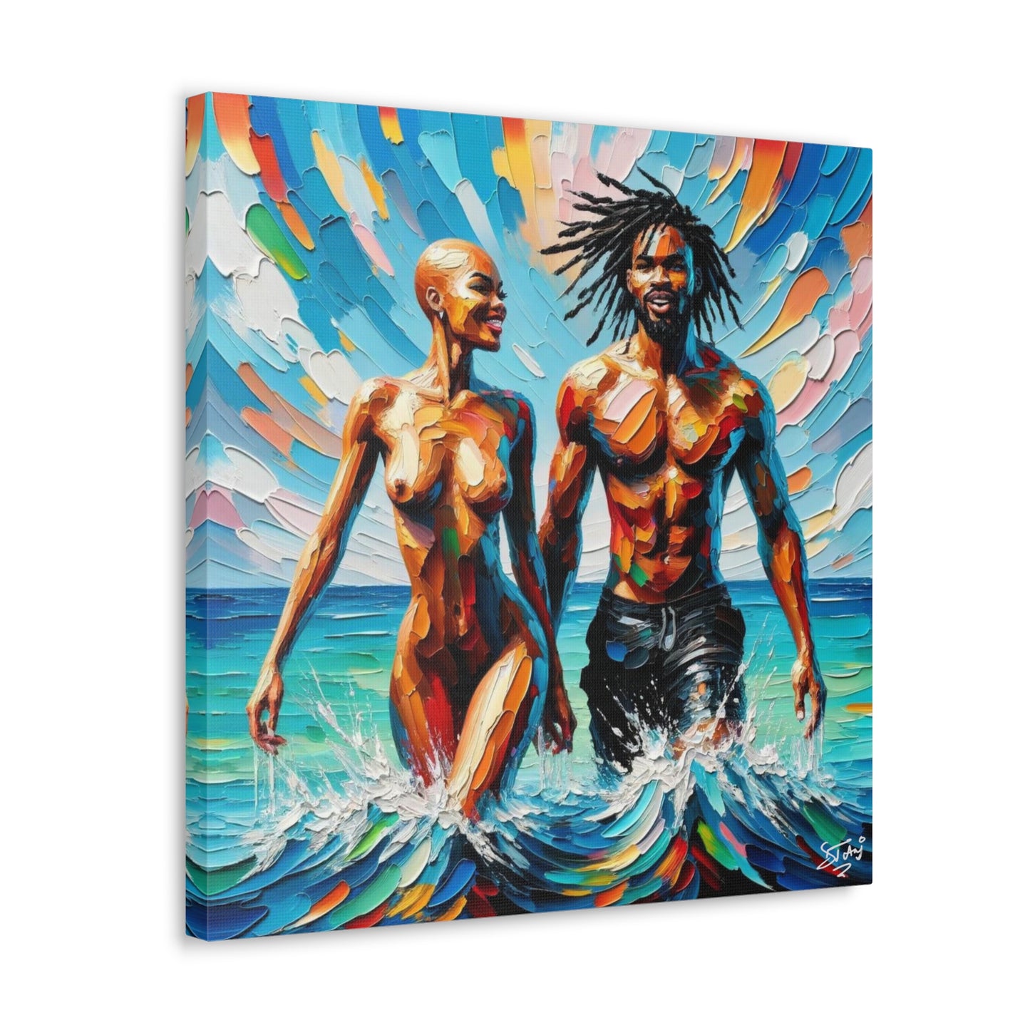 Art Print, Afro-Caribbean Couple in the Ocean, Oil Finish, West Indian Ethnicity, Cultural, Heritage, Semi-Abstract, Canvas Gallery Wrap