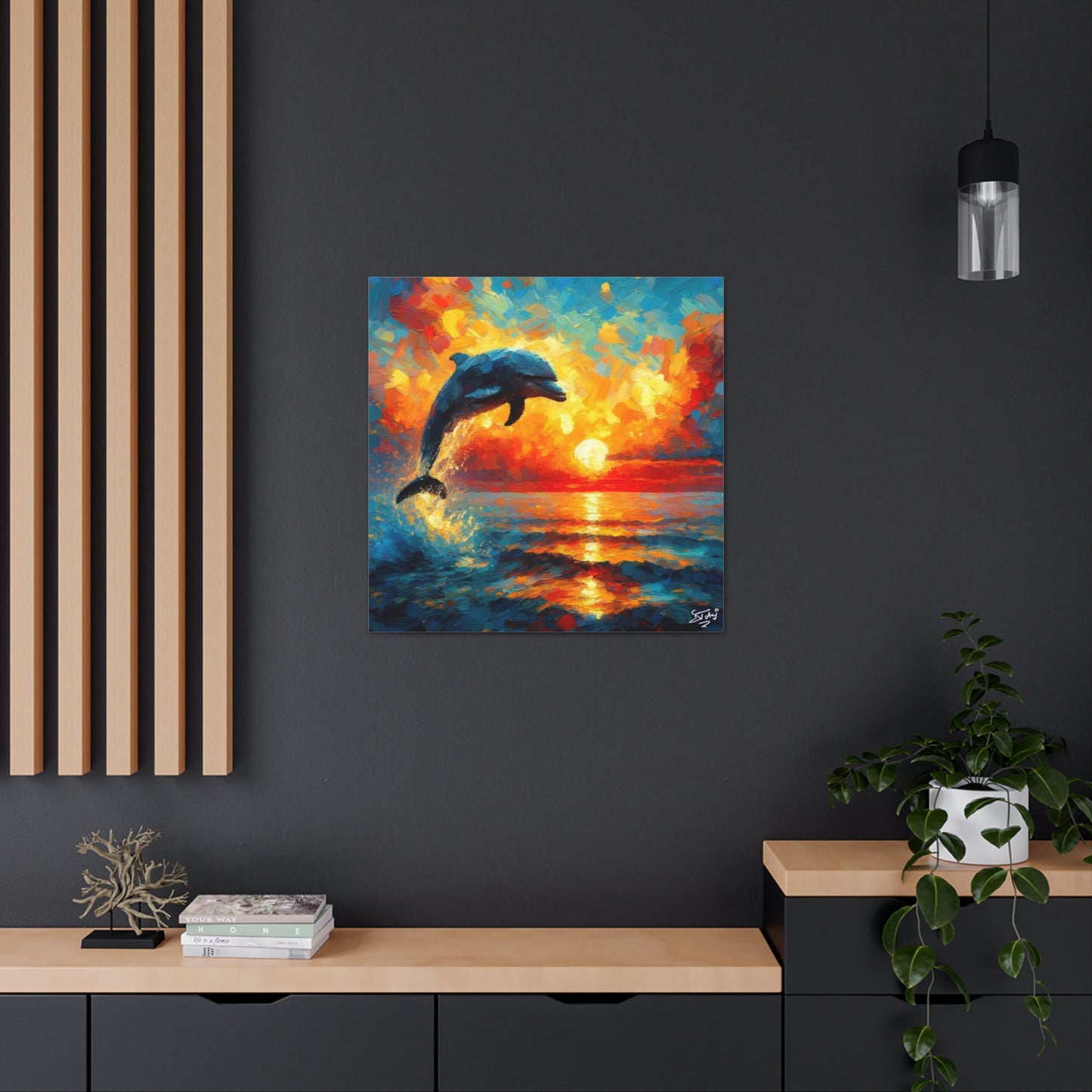 Art Print, Dolphin at Sunset, Oil Finish, Caribbean Nature, Canvas Gallery Wrap