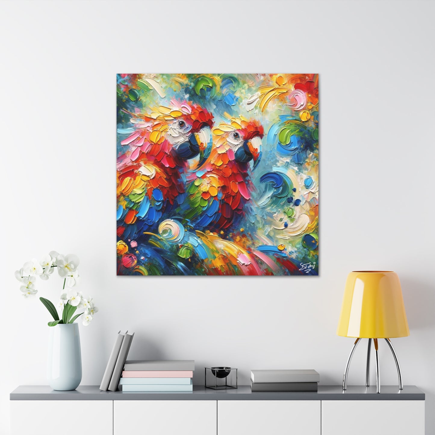 Art Print, The Parrots, Oil Finish, Caribbean Nature, Cultural, Heritage, Semi-Abstract, Canvas Gallery Wrap