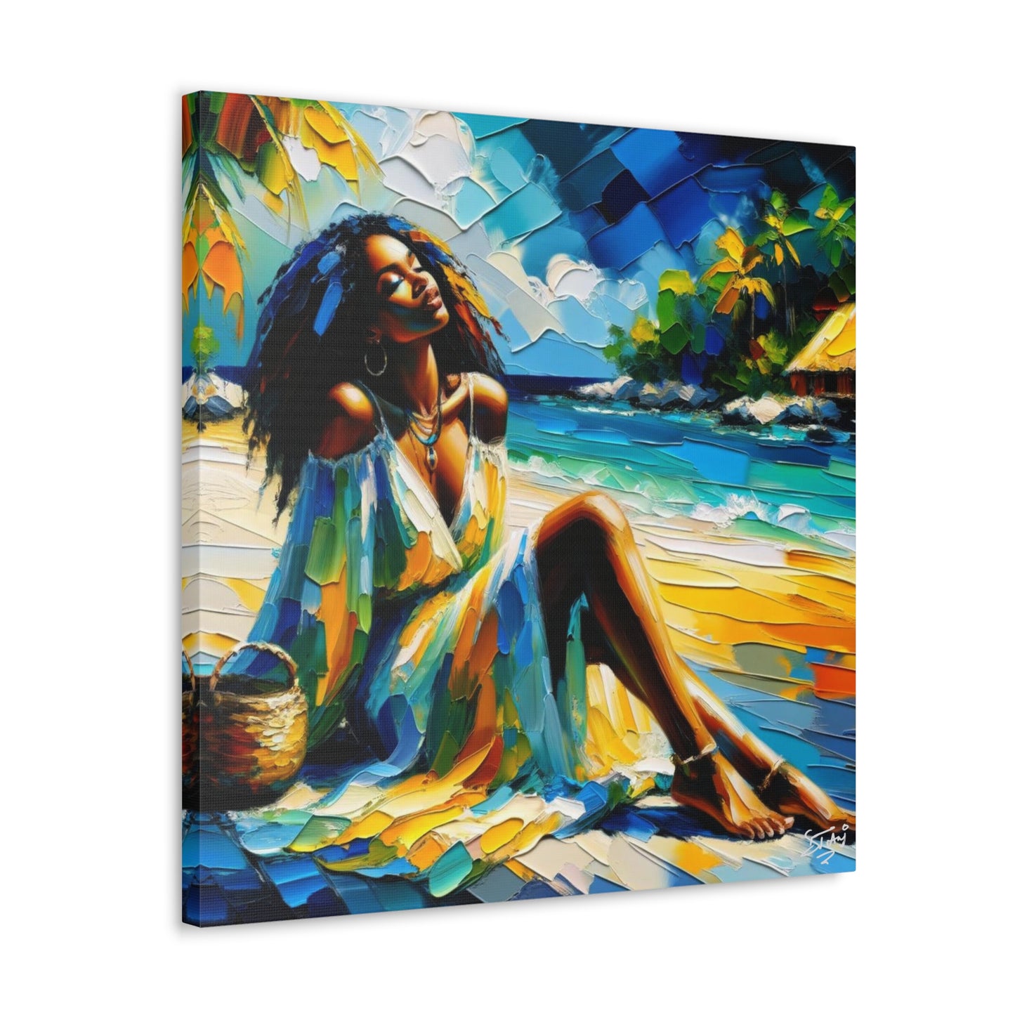 Art Print, Afro-Caribbean Woman, "Relaxing" Oil Finish, West Indian Ethnicity, Cultural, Heritage, Abstract, Canvas Gallery Wrap