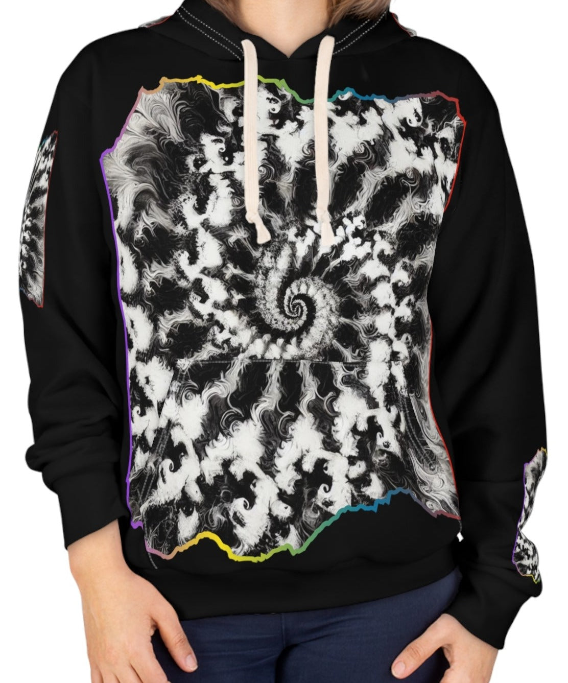 Unisex Pullover Hoodie (AOP) "B&W Tie-Dye Abstract Print"