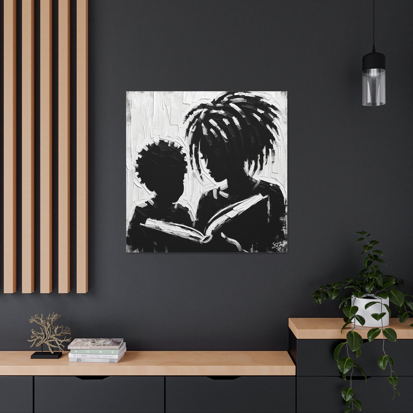 Art Print, Afro-Caribbean Mother & Son, Oil Finish, West Indian Ethnicity, Cultural, Heritage, Abstract, Canvas Gallery Wrap