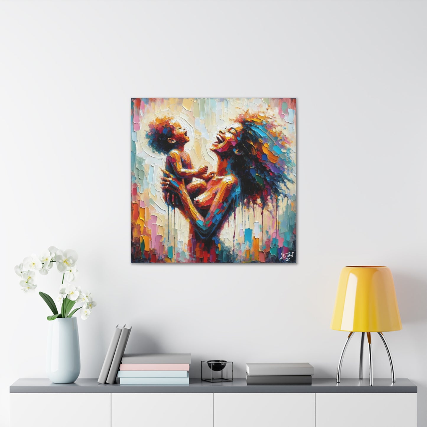 Art Print, Afro-Caribbean Woman & Child, Oil Finish, West Indian Ethnicity, Cultural, Heritage, Semi-Abstract, Canvas Gallery Wrap