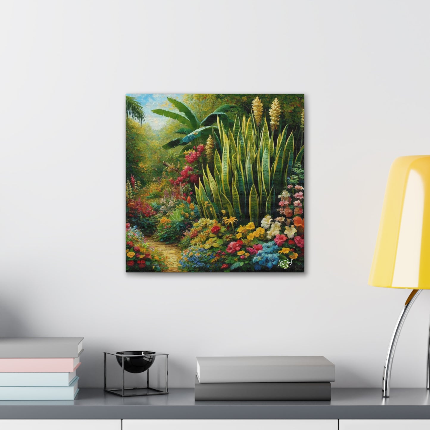 Art Print of Snake Plant in Tropical Flower Garden, Oil Finish, West Indian Art, Canvas Gallery Wraps