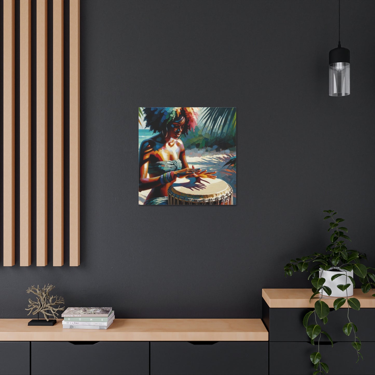 Art Print, Afro-Caribbean Woman, "Drumming" Oil Finish, West Indian Ethnicity, Cultural, Heritage, Abstract, Canvas Gallery Wrap