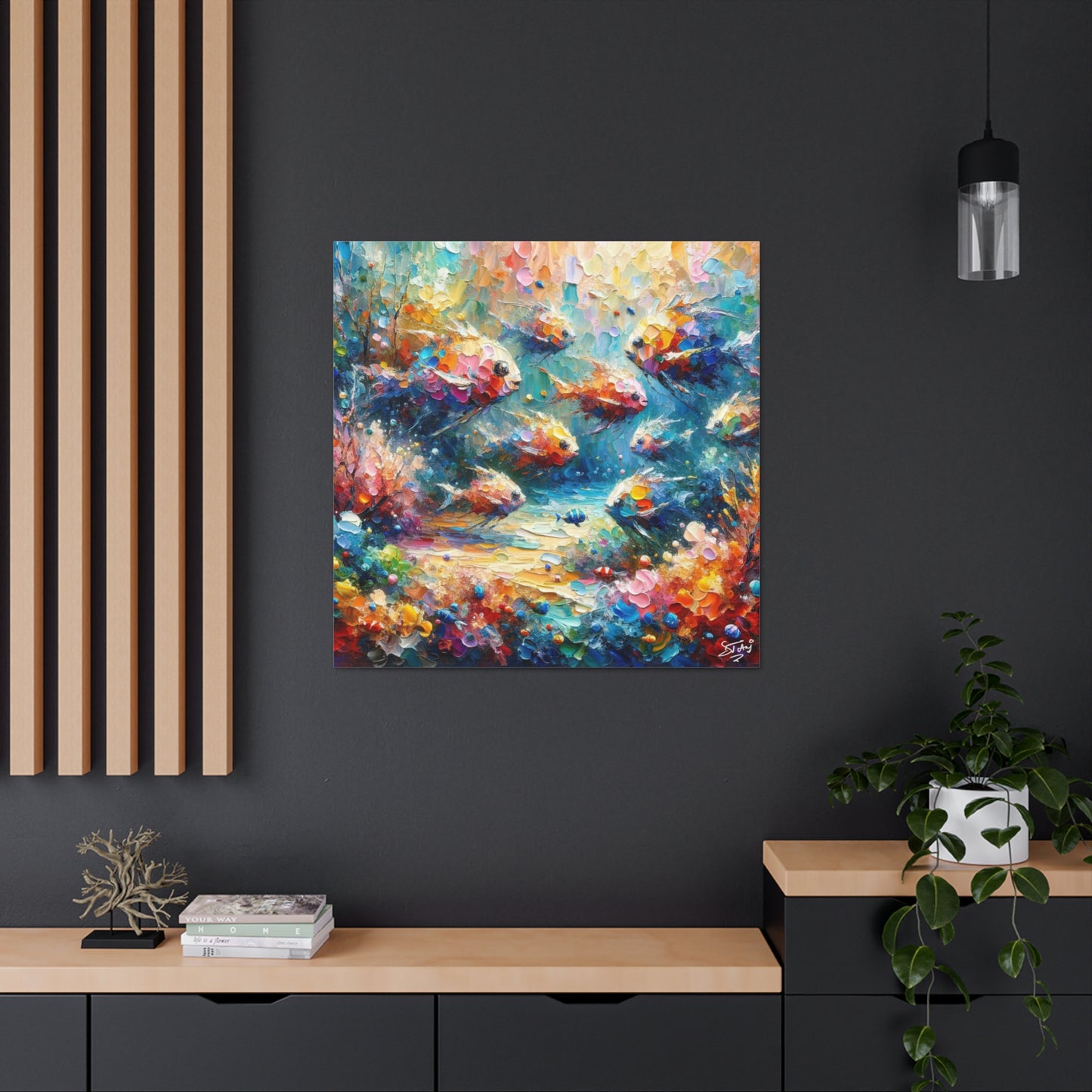 Art Print, Fishes in Coral Reef, Oil Finish, Caribbean Nature, Semi-Abstract, Canvas Gallery Wrap