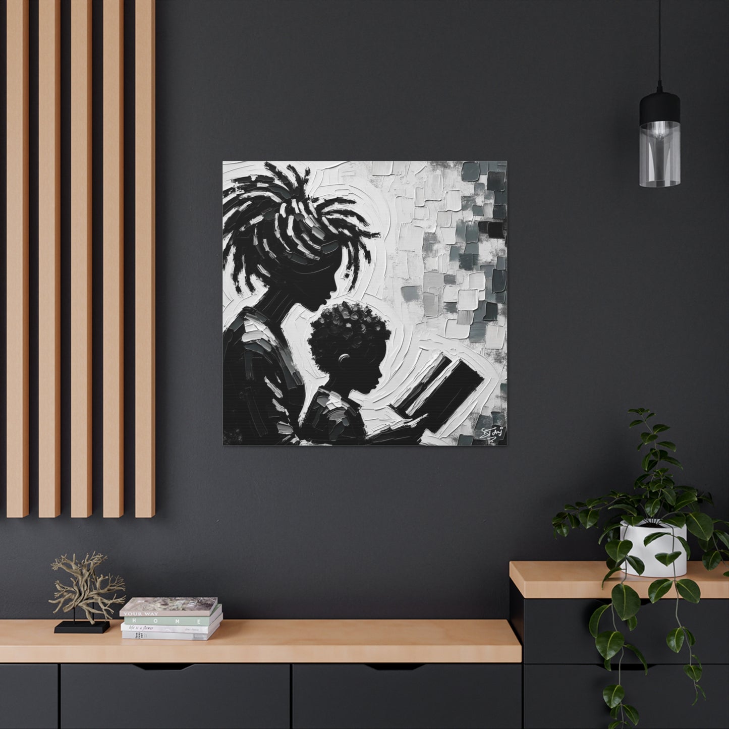 Art Print, Afro-Caribbean Mother & Son (2), Oil Finish, West Indian Ethnicity, Cultural, Heritage, Semi-Abstract, Canvas Gallery Wrap