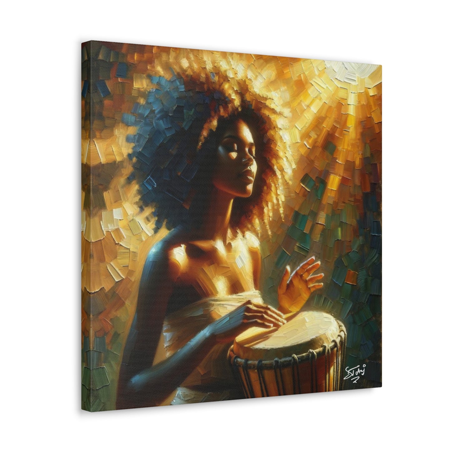 Art Print, Afro-Caribbean Woman, "Drumming" Oil Finish, West Indian Ethnicity, Cultural, Heritage, Abstract, Canvas Gallery Wrap