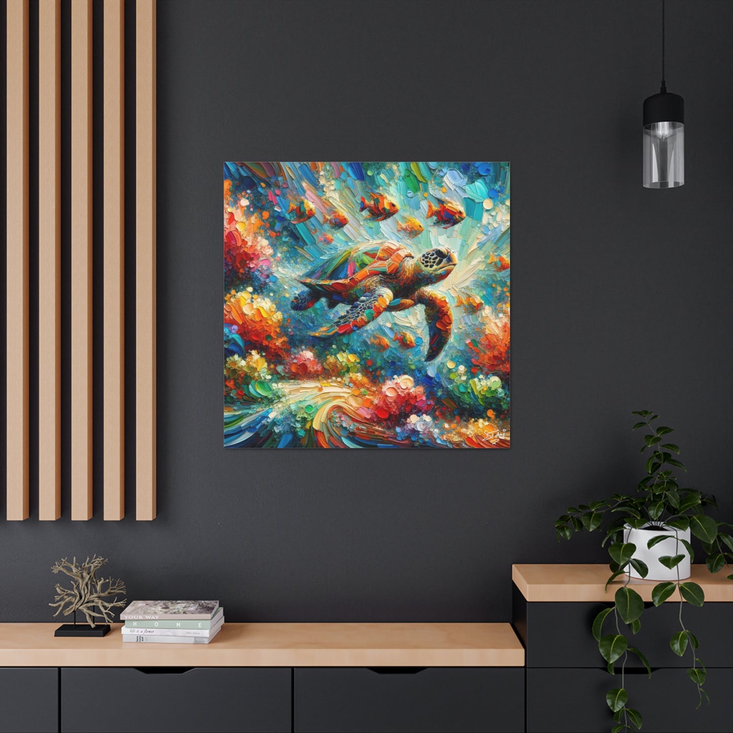 Art Print, Turtle & Fish in Reef, Oil Finish, Caribbean Nature, Cultural, Heritage, Semi-Abstract, Canvas Gallery Wrap