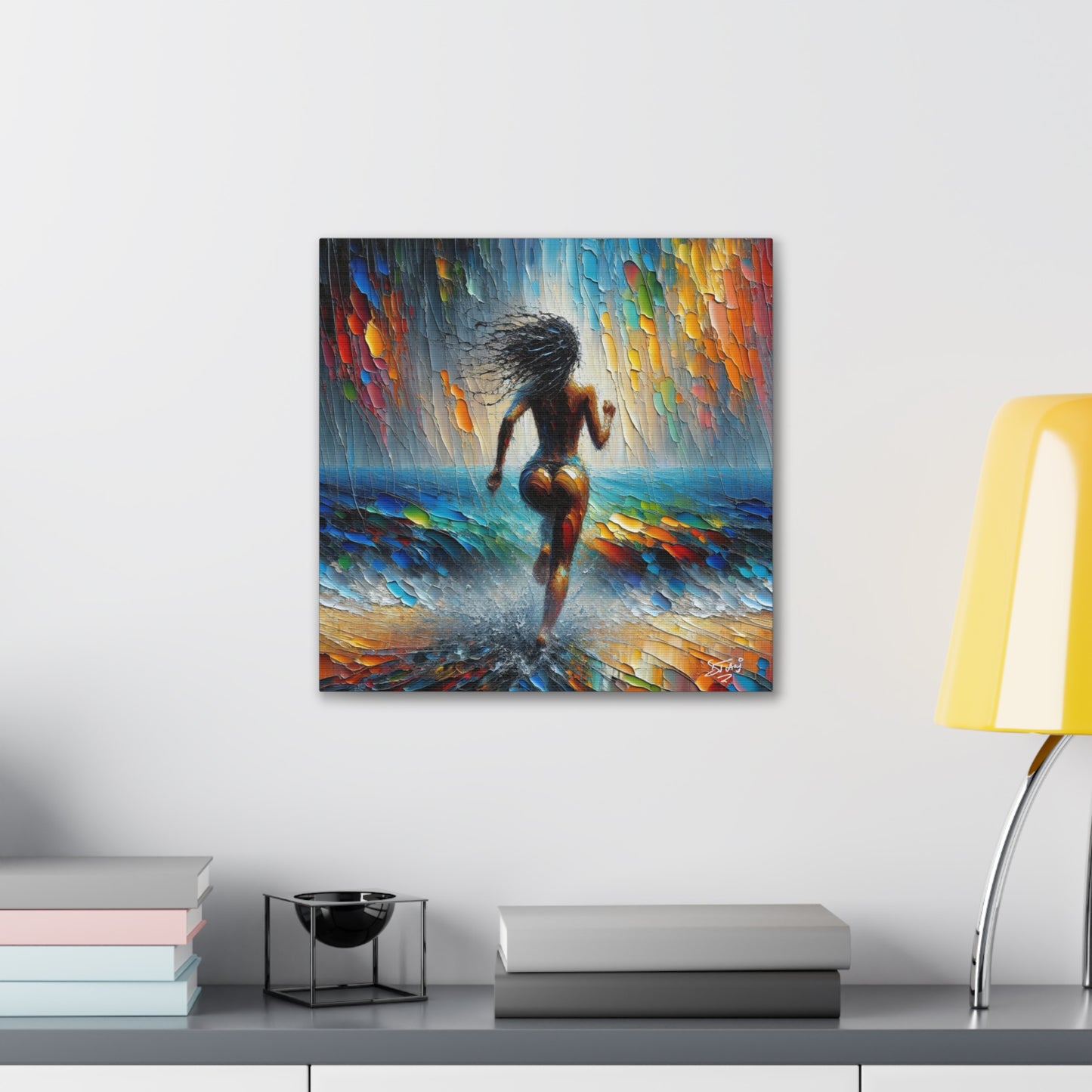 Art Print, Dougla Woman "Running Into the Storm" Oil Finish, West Indian Ethnicity, Cultural, Heritage, Semi-Abstract, Canvas Gallery Wrap