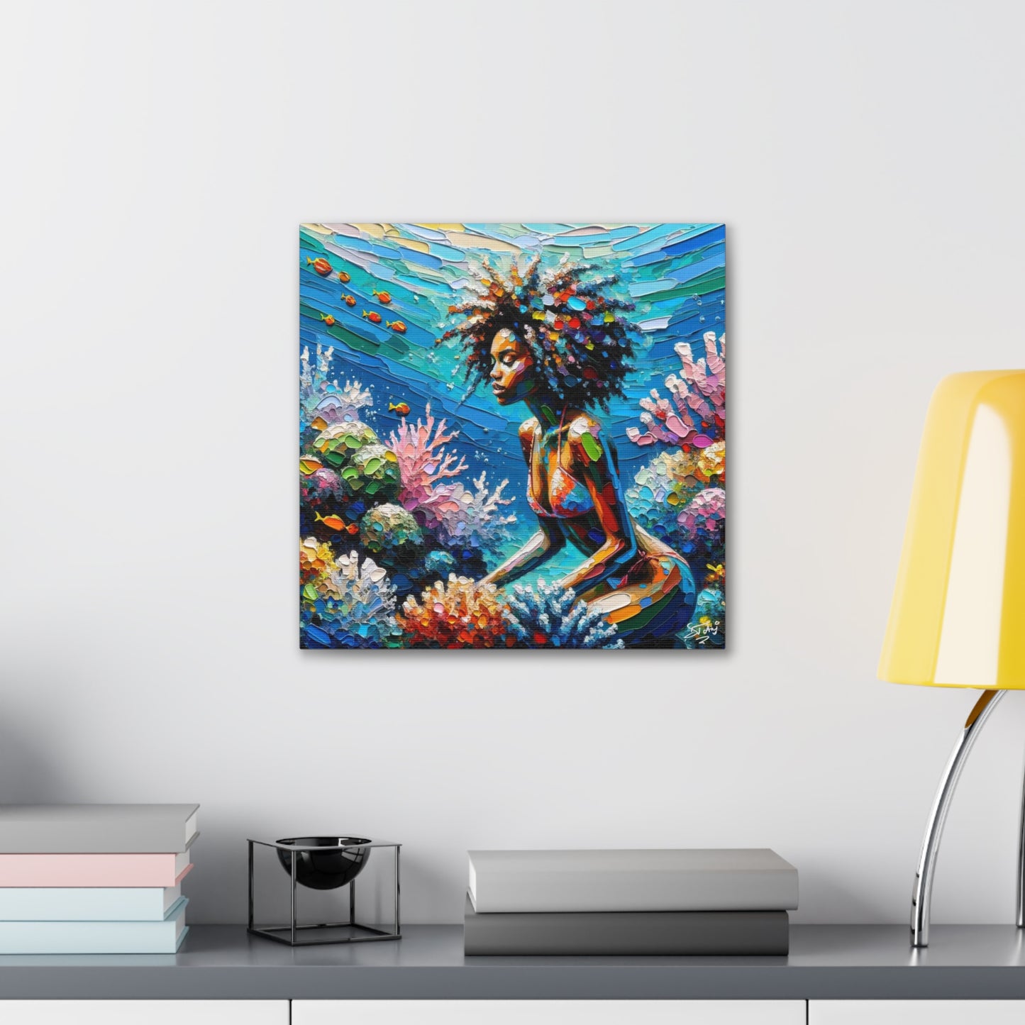 Art Print, Black Woman with Fishes in Coral Reef, Oil Finish, Caribbean Nature, Semi-Abstract, Canvas Gallery Wrap