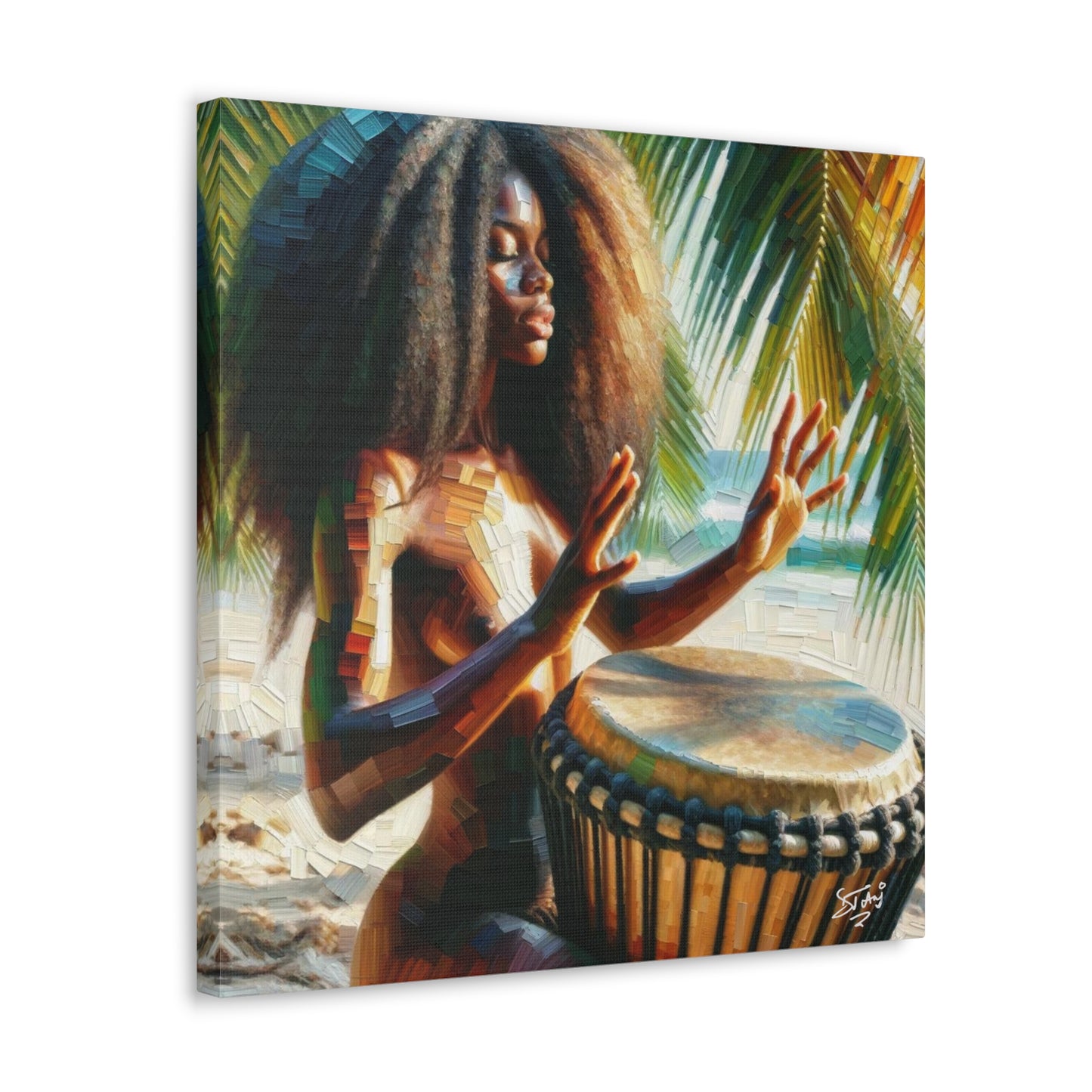 Art Print, Afro-Caribbean Woman, "Drumming" Oil Finish, West Indian Ethnicity, Cultural, Heritage, Abstract, Canvas Gallery Wrap