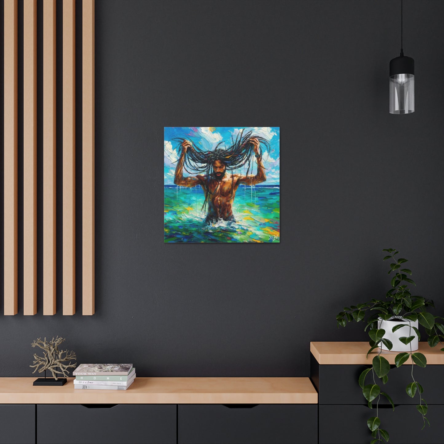 Art Print, Afro-Caribbean Man "Chilling in the Ocean" Oil Finish, West Indian Ethnicity, Cultural, Heritage, Semi-Abstract, Canvas Gallery Wrap