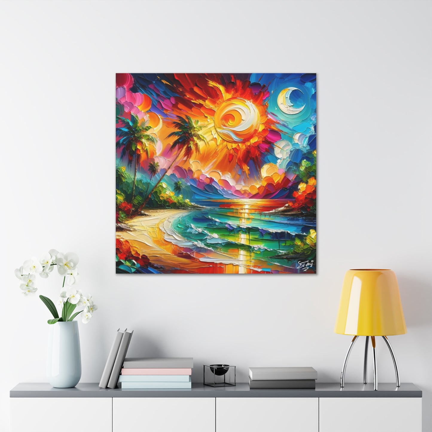 Art Print of Caribbean Sunset Scene, Semi-Abstract, Oil Painting, West Indian Art, Canvas Gallery Wraps