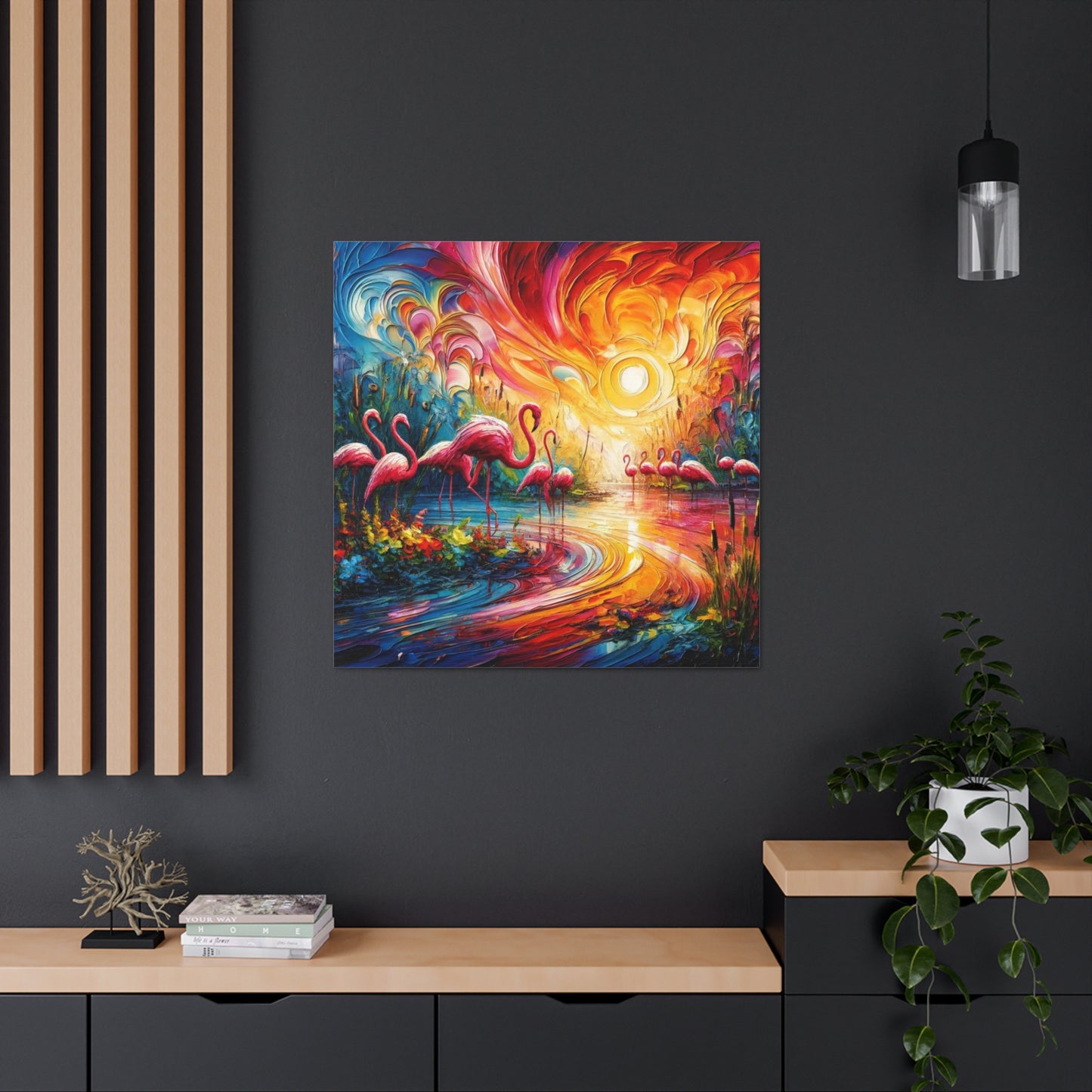 Art Print, Flamingos, Abstract Oil Finish, Trinidad & Tobago, Caribbean, West Indian Art, Canvas Gallery Wraps