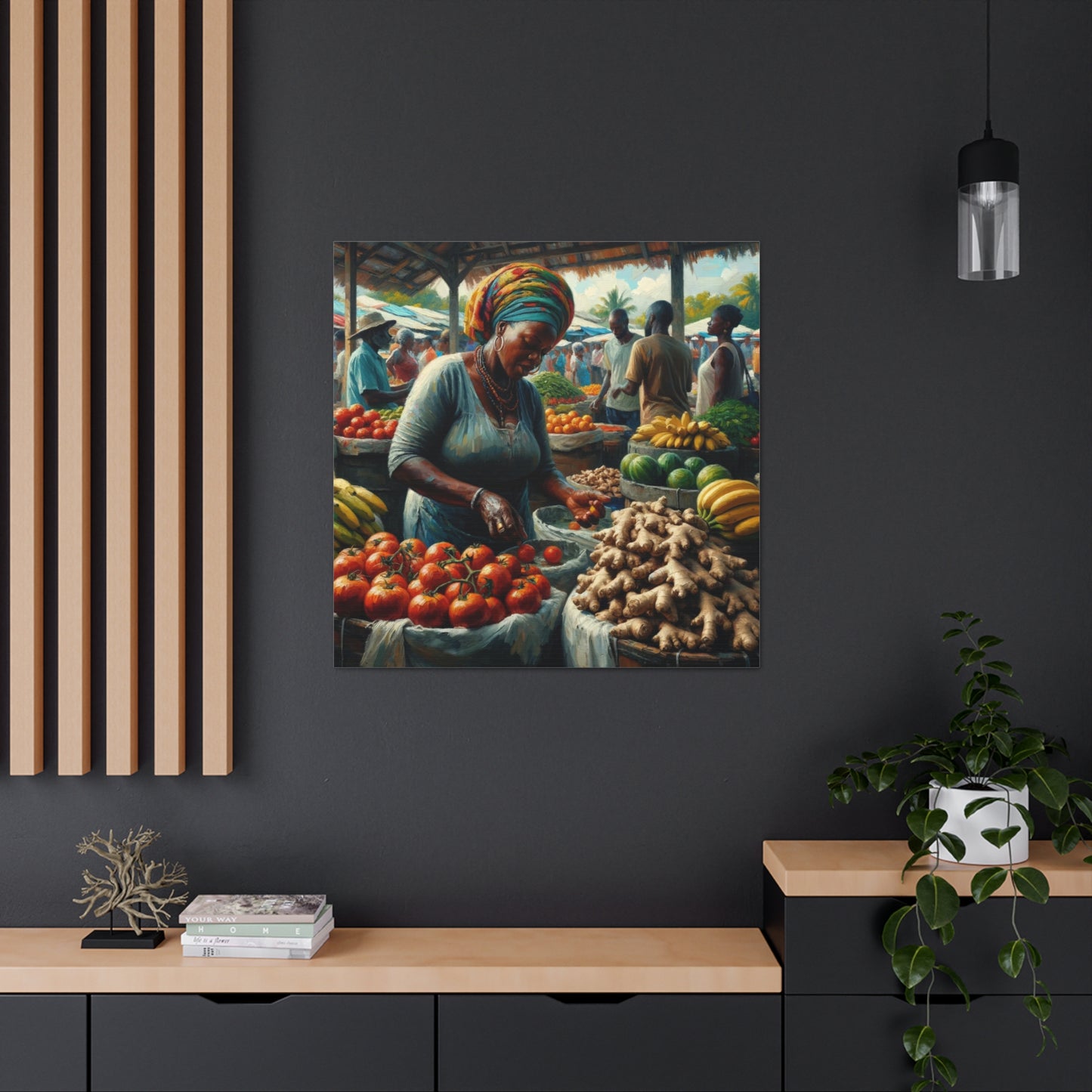 Art Print#5, "Selling at the Market", Market Scene in Trinidad, Caribbean, Oil Finish, West Indian Art, Canvas Gallery Wraps