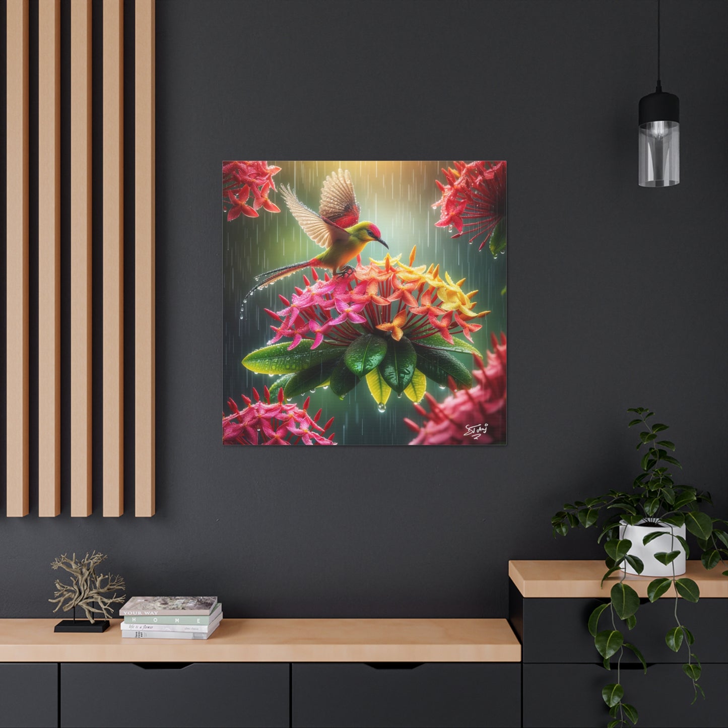 Print of Tropical Bird in the Rain Perched on Ixora Flower, Oil Paint Finish, Caribbean, Tropical, Canvas Gallery Wraps