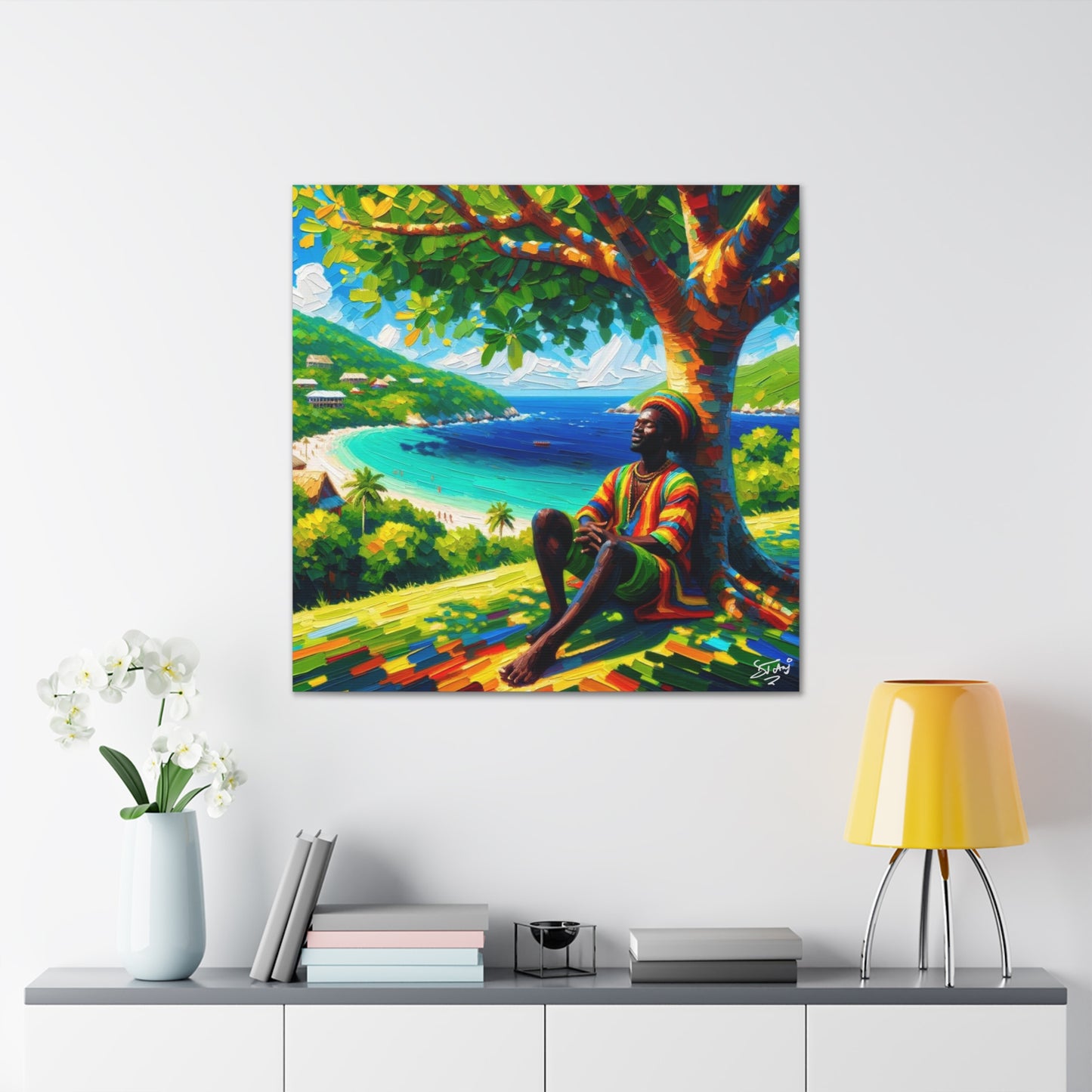 Art Print of Caribbean Man "Under the Tree," West Indian Art, Canvas Gallery Wraps