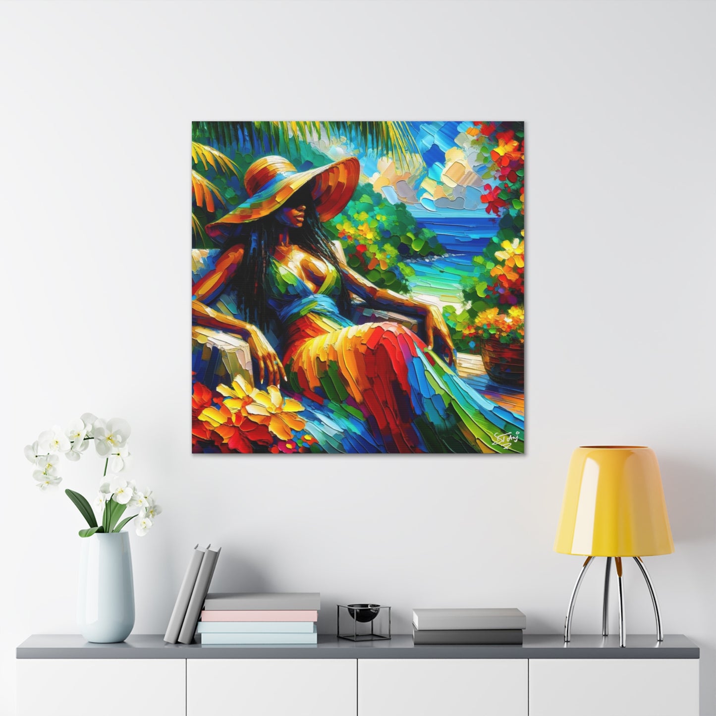 Art Print, Afro-Caribbean Woman, "Relaxing" Oil Finish, West Indian Ethnicity, Cultural, Heritage, Abstract, Canvas Gallery Wrap