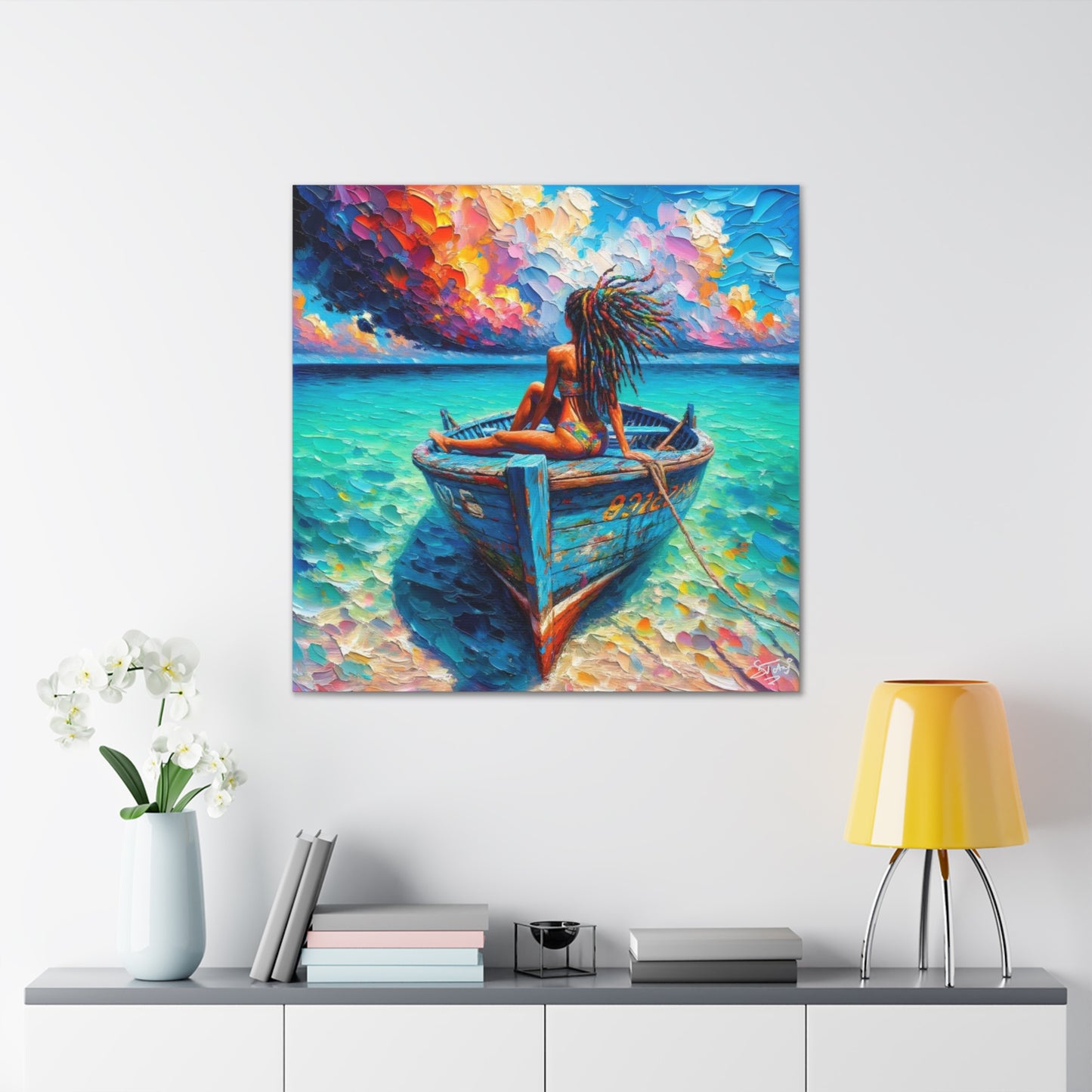 Art Print, Afro-Caribbean Woman "Chilling in the Boat (2)" Oil Finish, West Indian Ethnicity, Cultural, Heritage, Semi-Abstract, Canvas Gallery Wrap