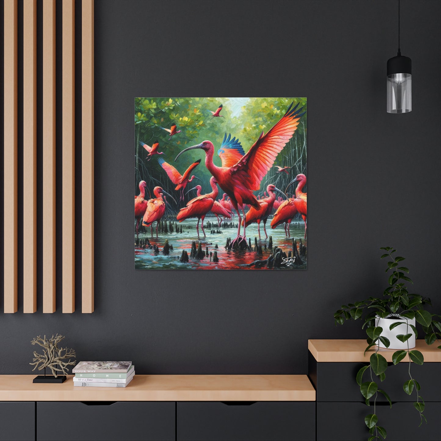 Art Print#2, Scarlet Ibises in Their Natural Mangrove Habitat in Trinidad and Tobago, Caribbean, West Indian Art, Canvas Gallery Wraps