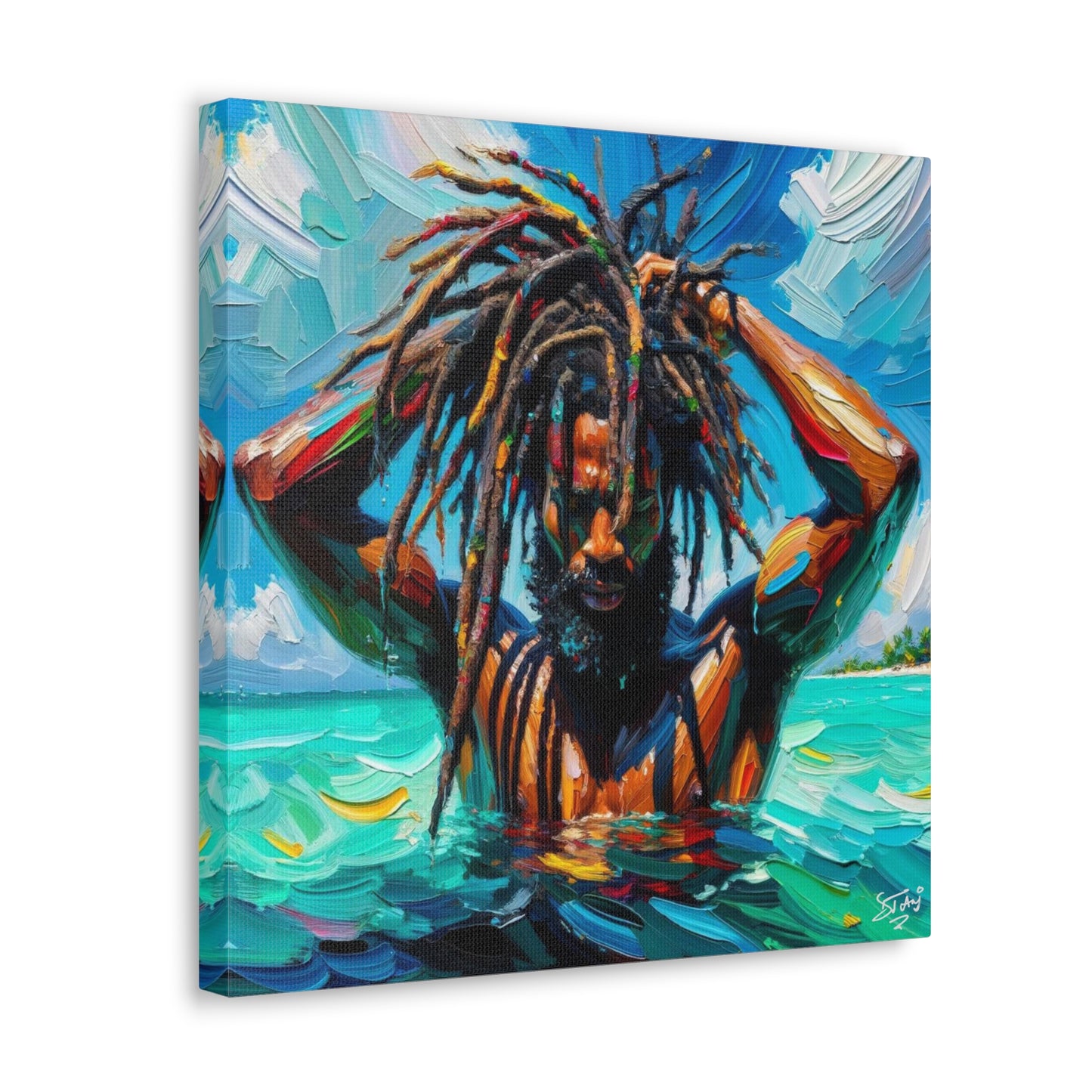 Art Print, Afro-Caribbean Man with Dreadlocks, Oil Finish, West Indian Ethnicity, Cultural, Heritage, Semi-Abstract, Canvas Gallery Wrap