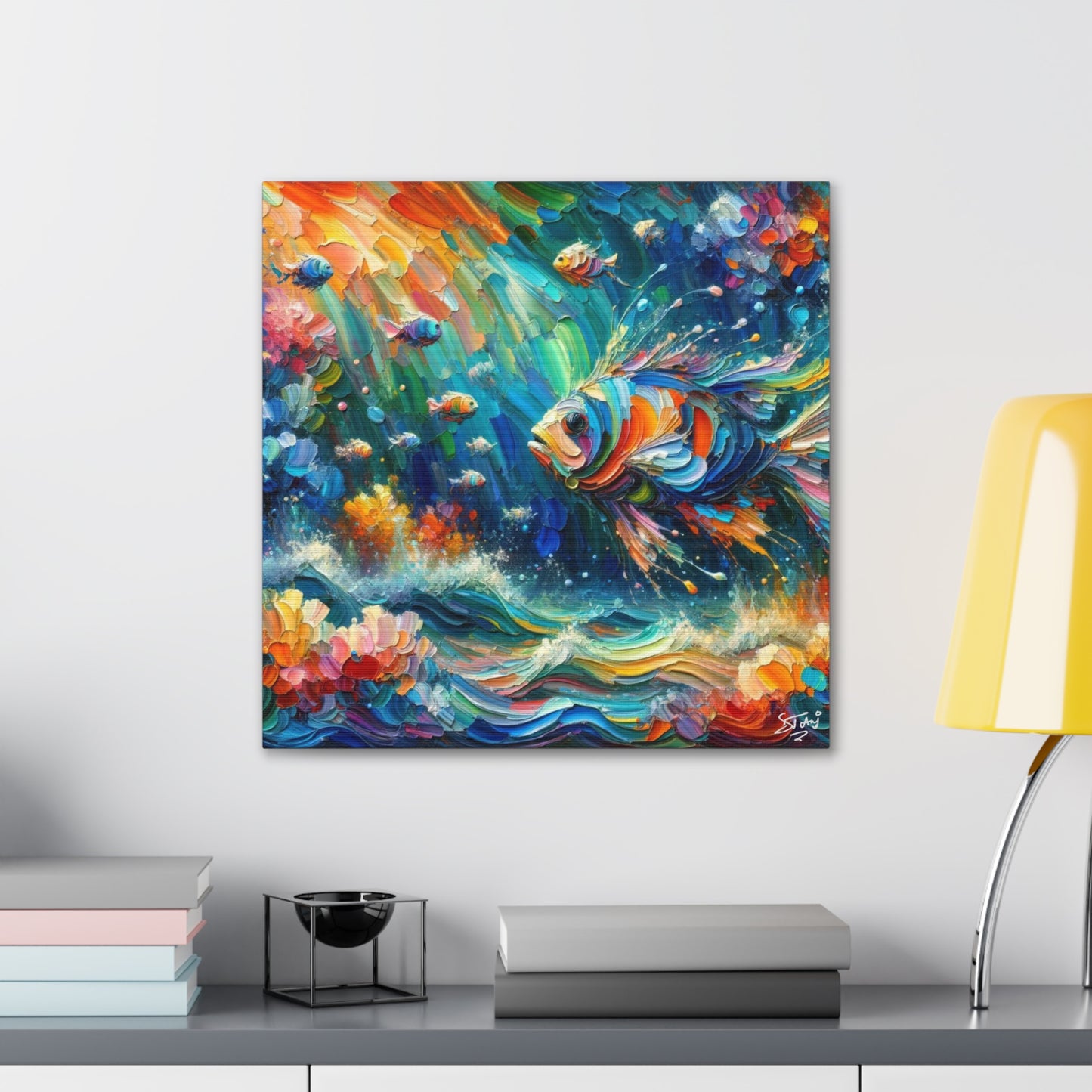 Art Print, Fishes in Coral Reef, Oil Finish, Caribbean Nature, Semi-Abstract, Canvas Gallery Wrap