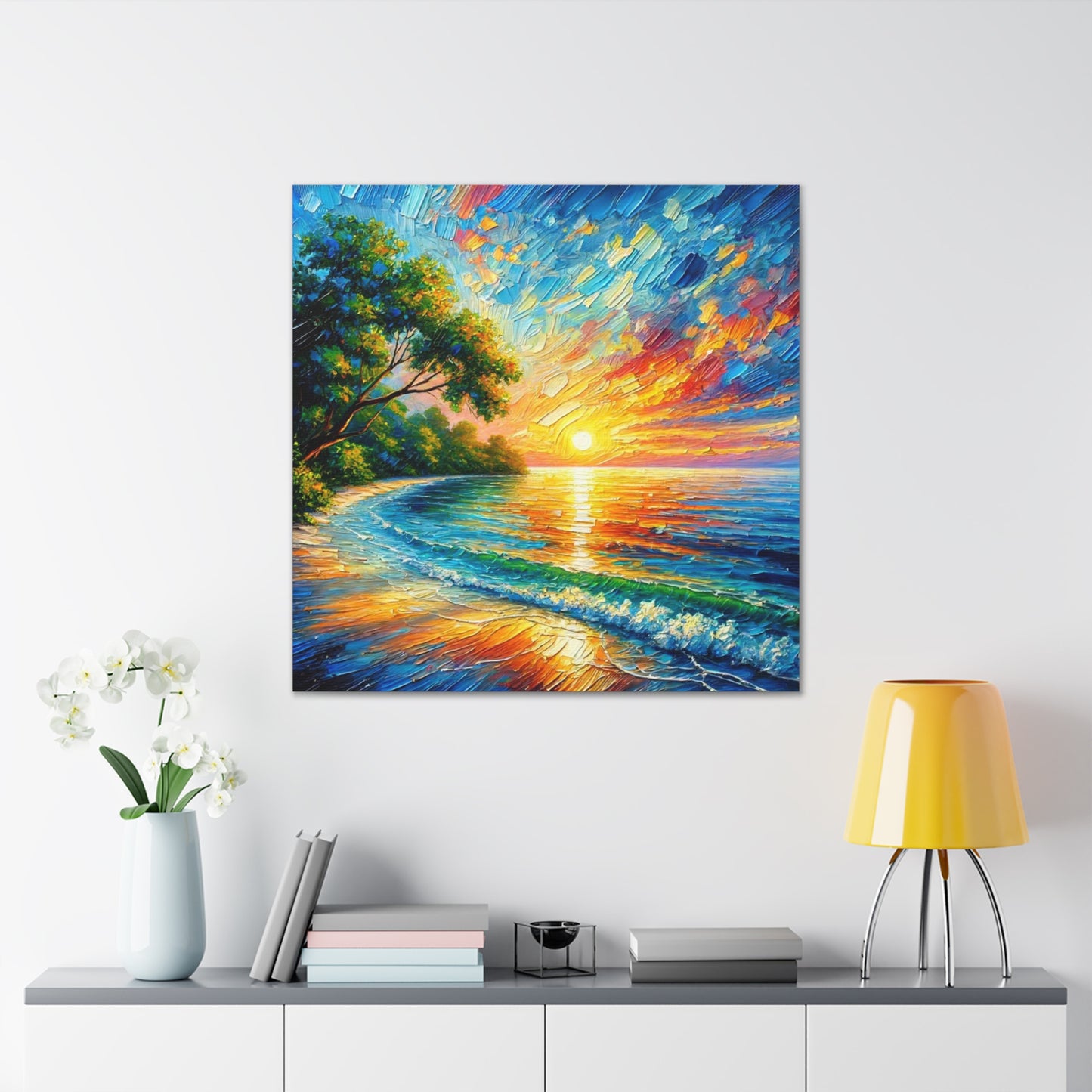 Art Print, Caribbean Sunset Beach Scene, Abstract, Oil Painting, West Indian Art, Canvas Gallery Wraps