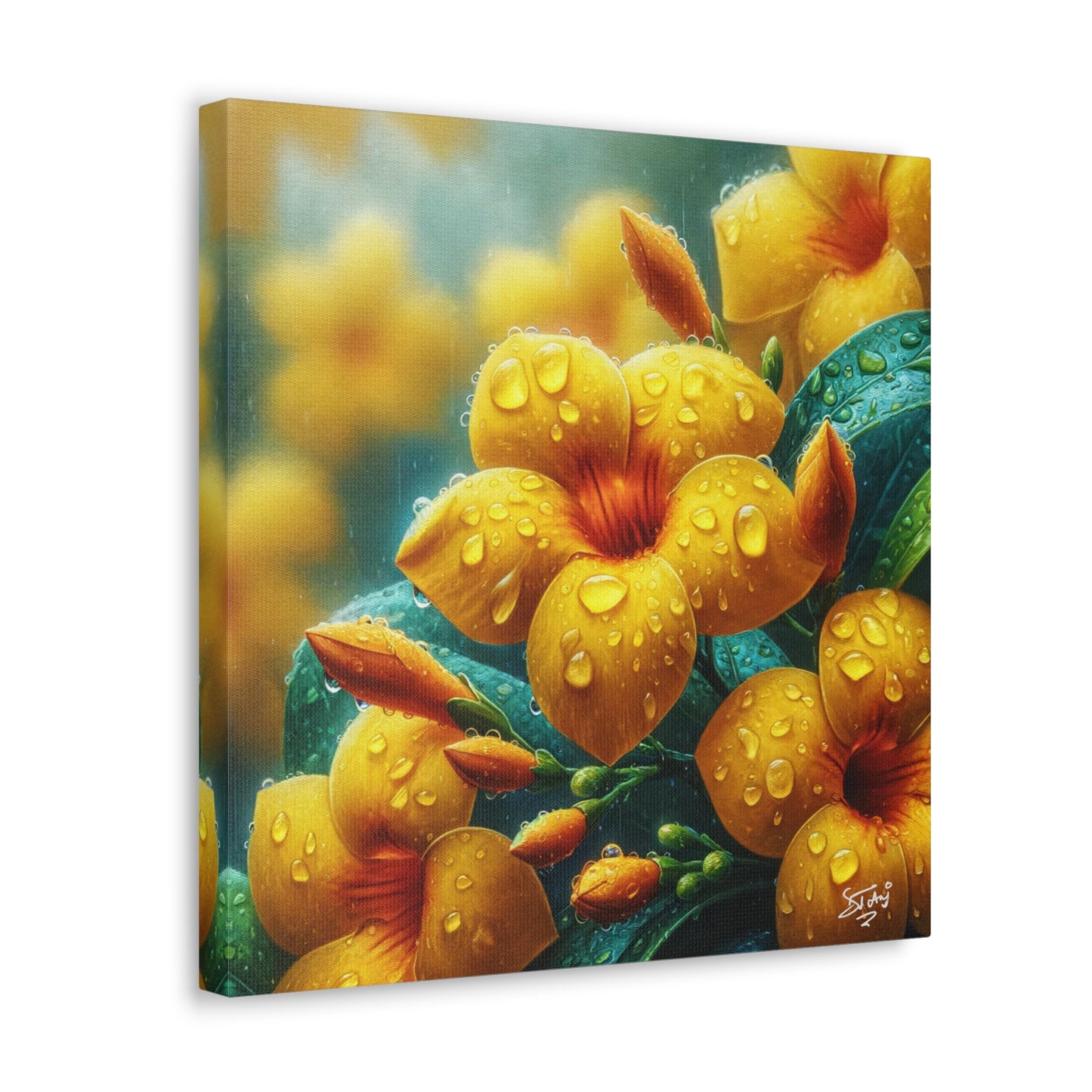 Print of Yellow Allamanda Flowers in the Rain, Oil Paint Finish, Caribbean, Tropical, Canvas Gallery Wraps