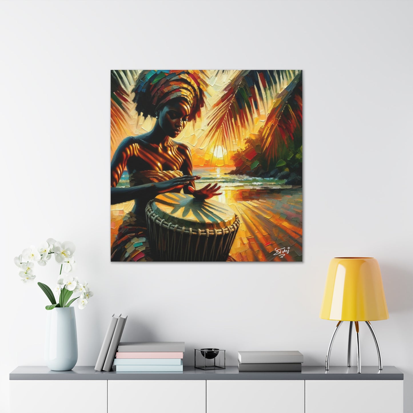 Art Print, Afro-Caribbean Woman, "Drumming" Oil Finish, West Indian Ethnicity, Cultural, Heritage, Abstract, Canvas Gallery Wrap