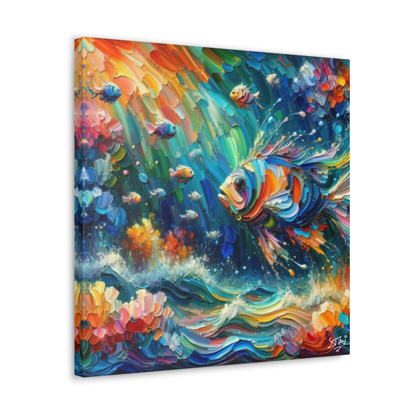 Art Print, Fishes in Coral Reef, Oil Finish, Caribbean Nature, Semi-Abstract, Canvas Gallery Wrap