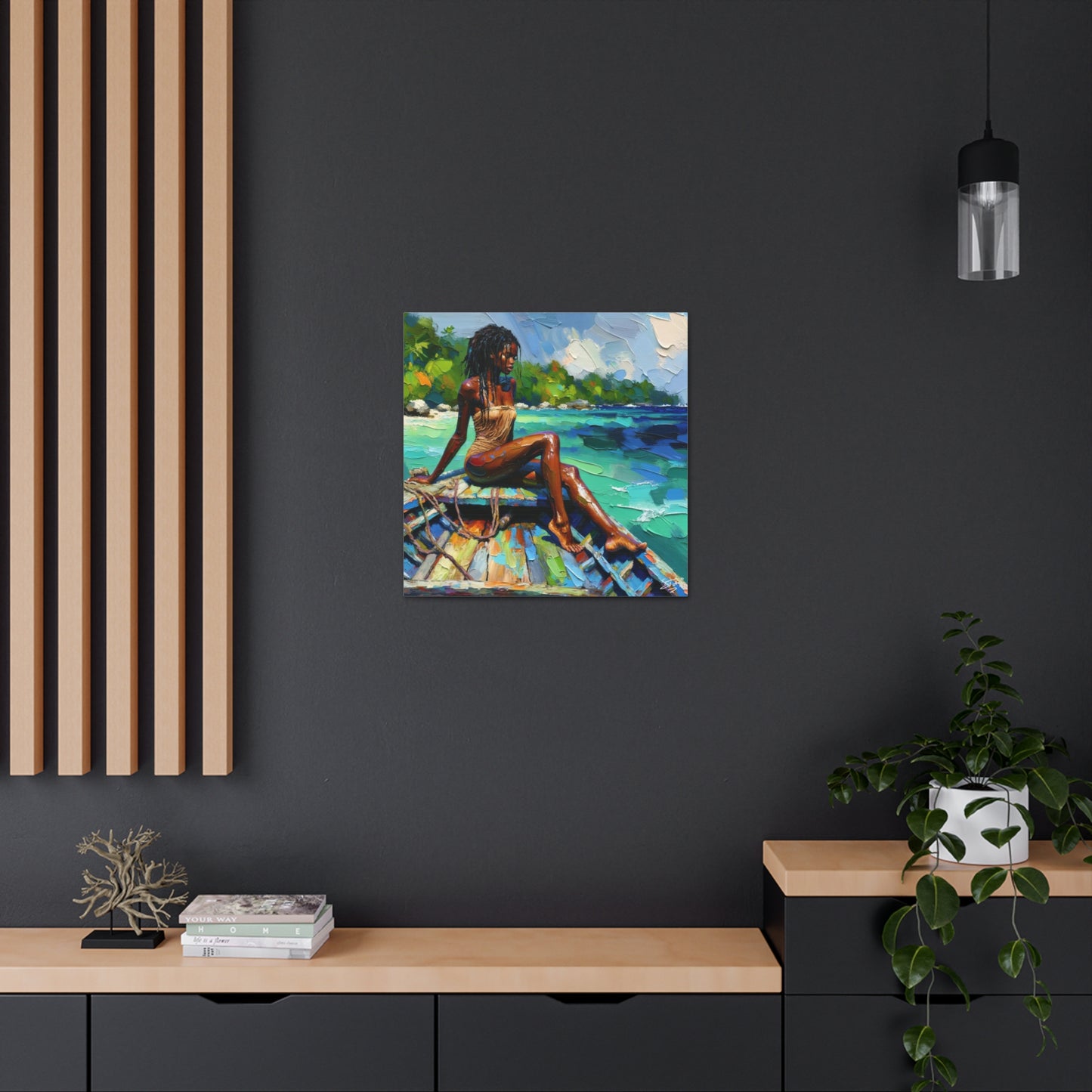 Art Print, Caribbean Woman "Chilling in the Boat" Oil Finish, West Indian Ethnicity, Cultural, Heritage, Semi-Abstract, Canvas Gallery Wrap