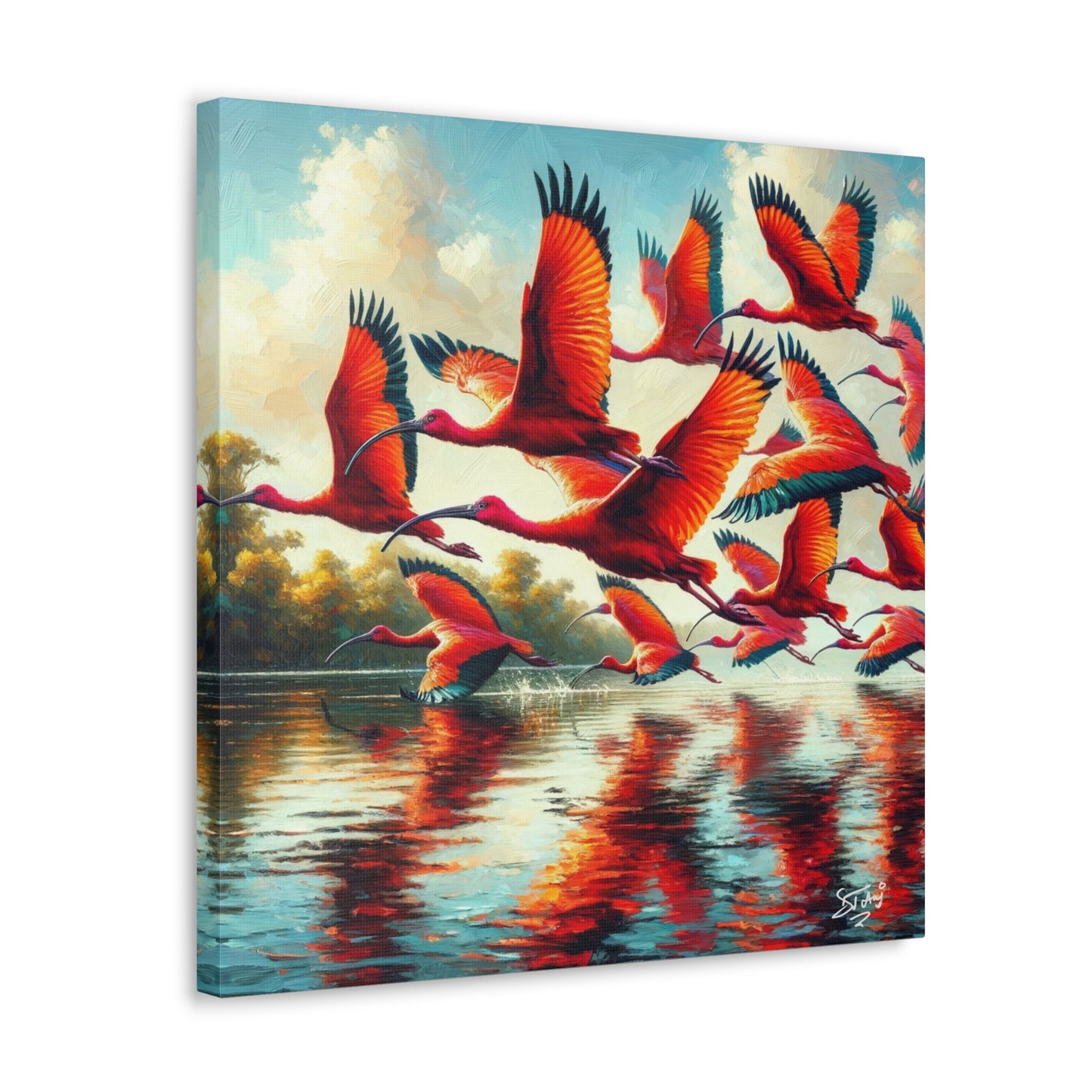 Art Print, Scarlet Ibises in flight, Oil Finish, Trinidad & Tobago, Caribbean, West Indian Art, Canvas Gallery Wraps