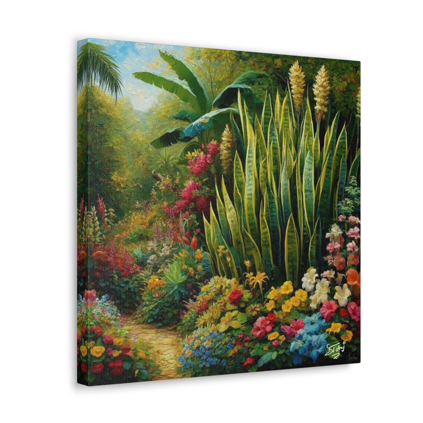 Art Print of Snake Plant in Tropical Flower Garden, Oil Finish, West Indian Art, Canvas Gallery Wraps