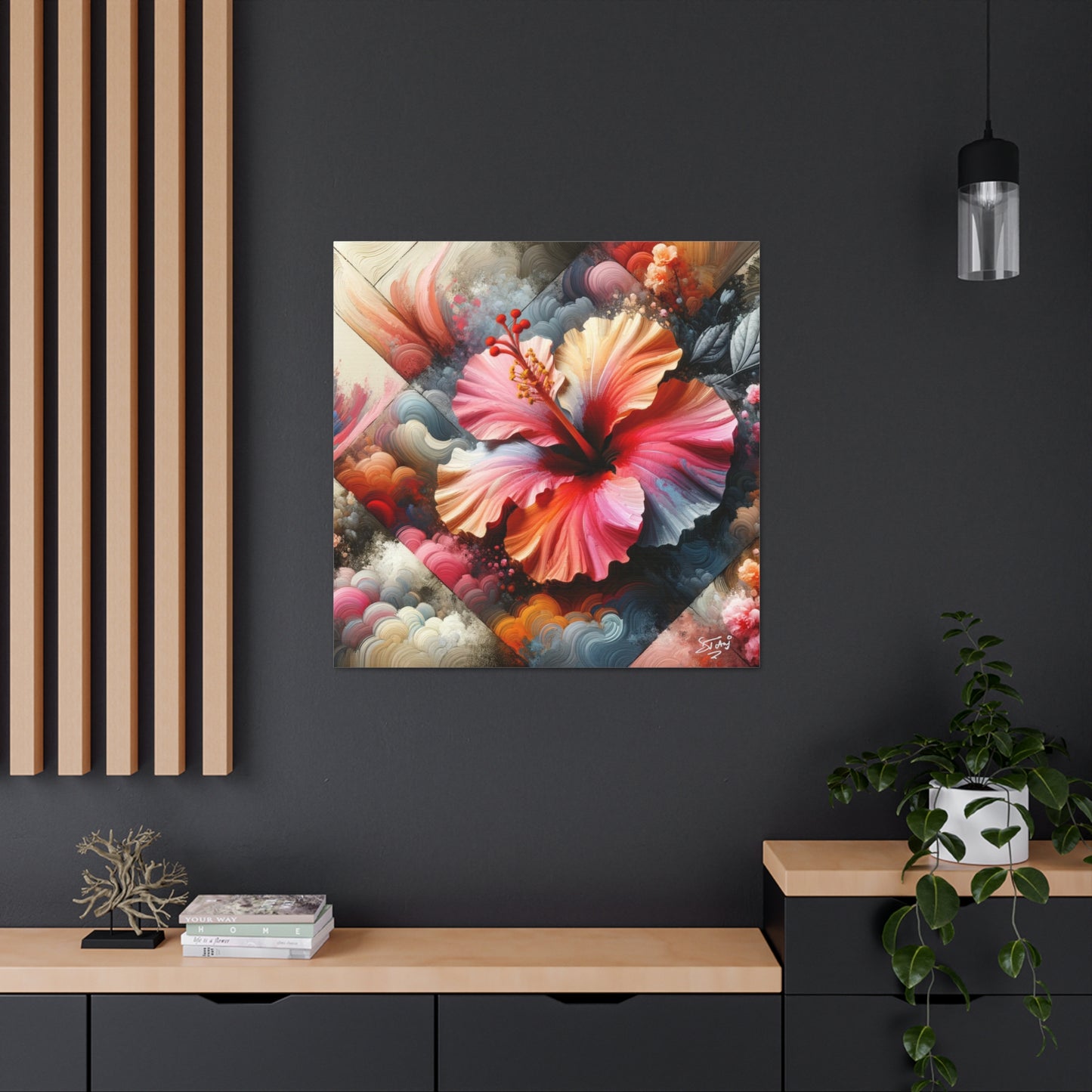 Oil Print of a Pink Hibiscus Flower, Close-up View, Semi-abstract, Caribbean, Vibrant Vivid Colors, Canvas Gallery Wraps