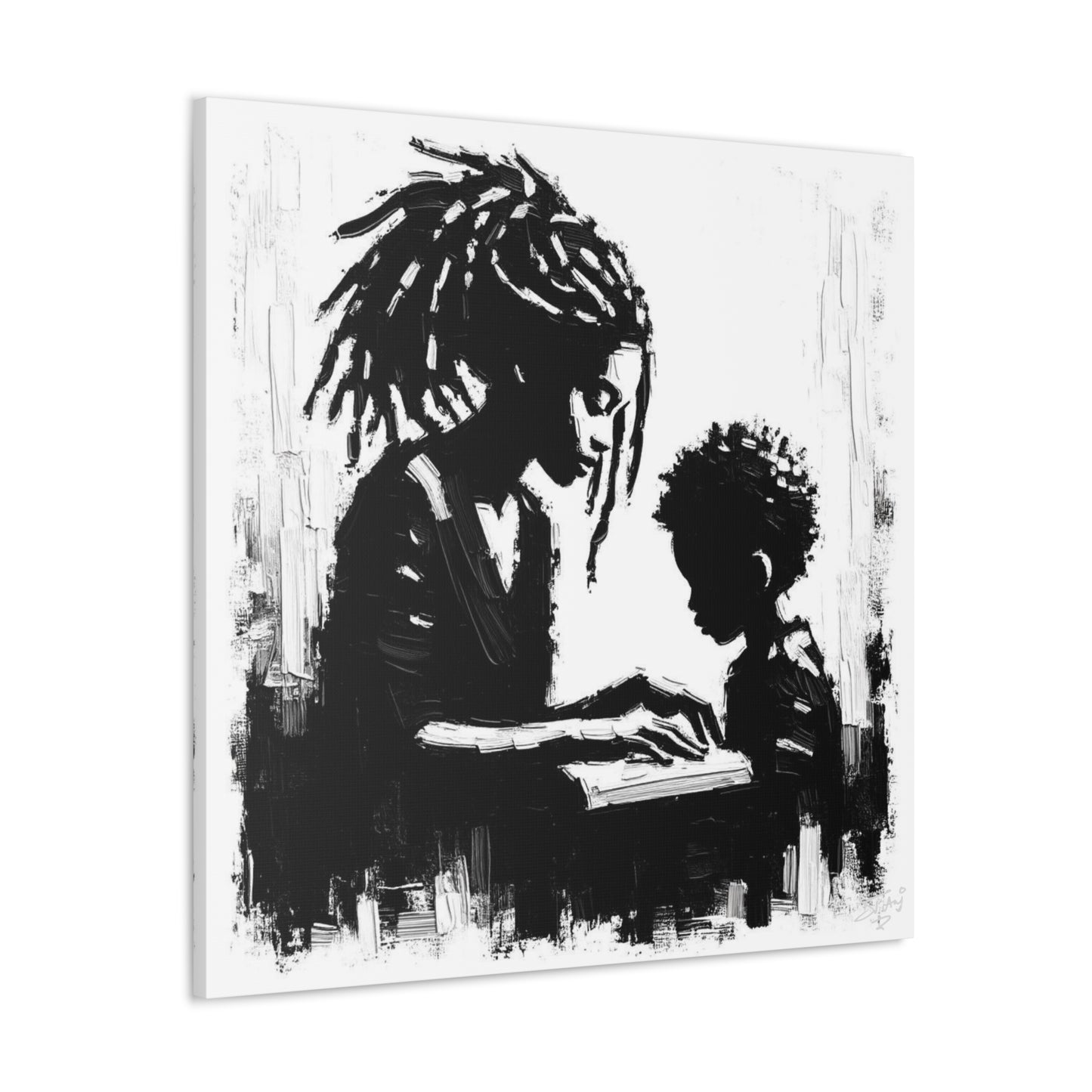 Art Print, Afro-Caribbean Mother & Son, Oil Finish, West Indian Ethnicity, Cultural, Heritage, Semi-Abstract, Canvas Gallery Wrap