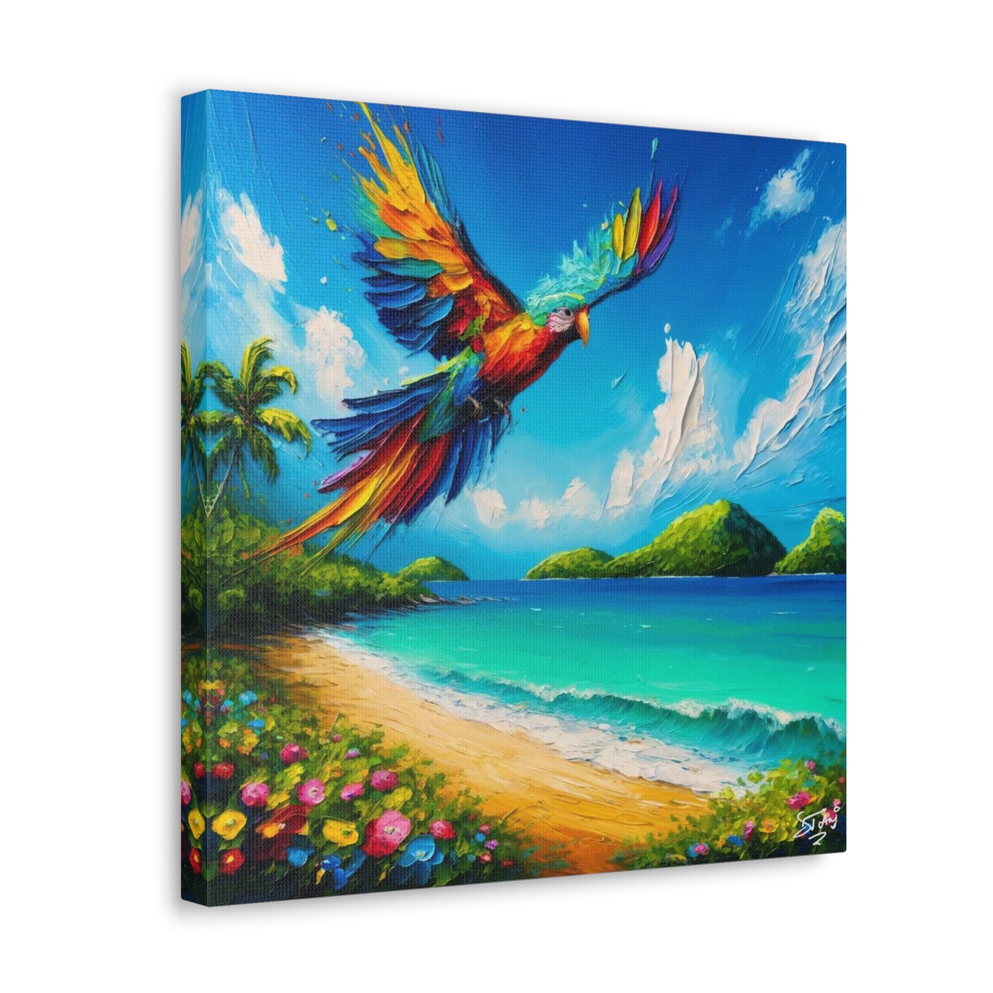 Art Print, "Bird Enjoying View," Oil Finish, Caribbean Nature, Cultural, Heritage, Semi-Abstract, Canvas Gallery Wrap