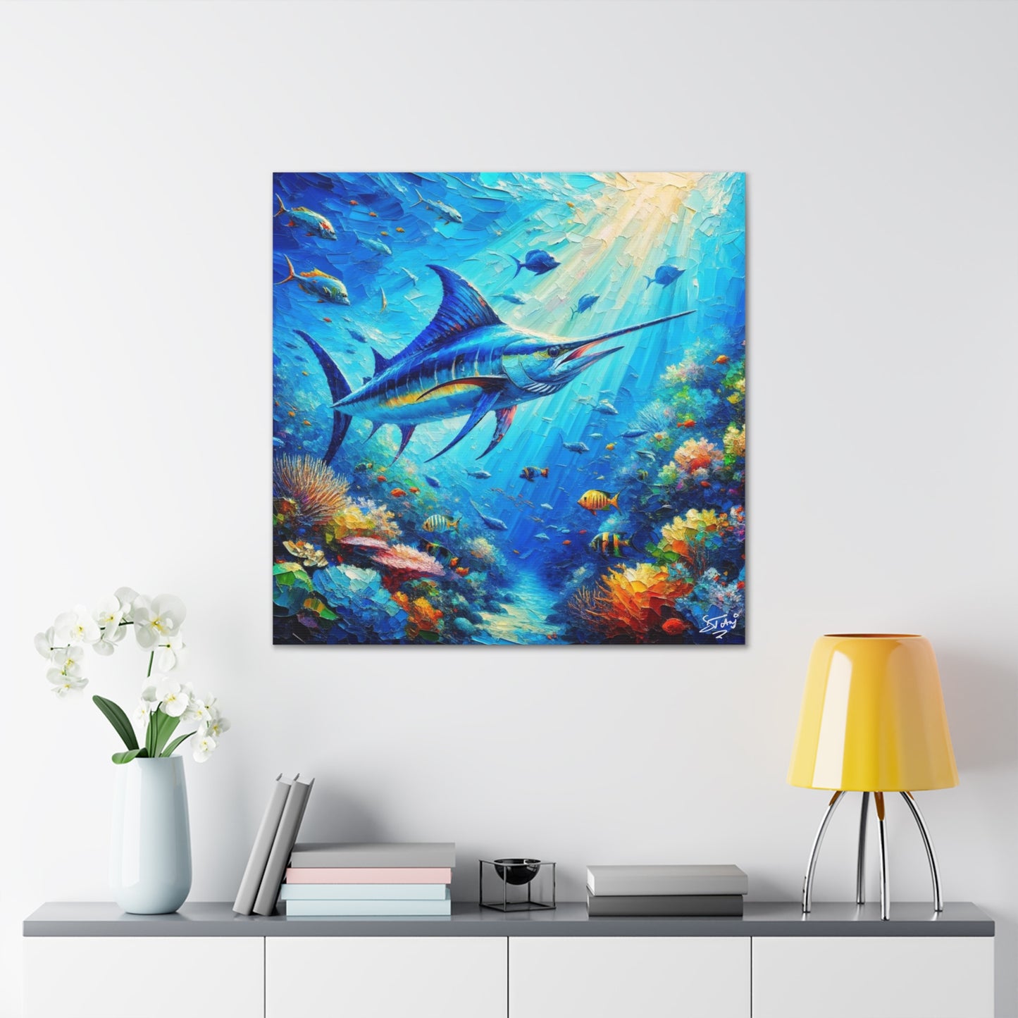 Art Print, Blue Marlin in Coral Reef, Oil Finish, Caribbean Nature, Semi-Abstract, Canvas Gallery Wrap