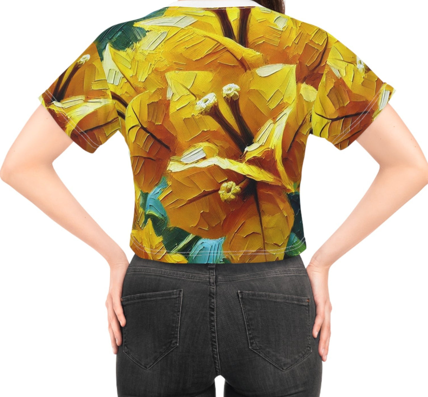 Women's Silky Soft Crop Tee (AOP) Yellow Floral Print