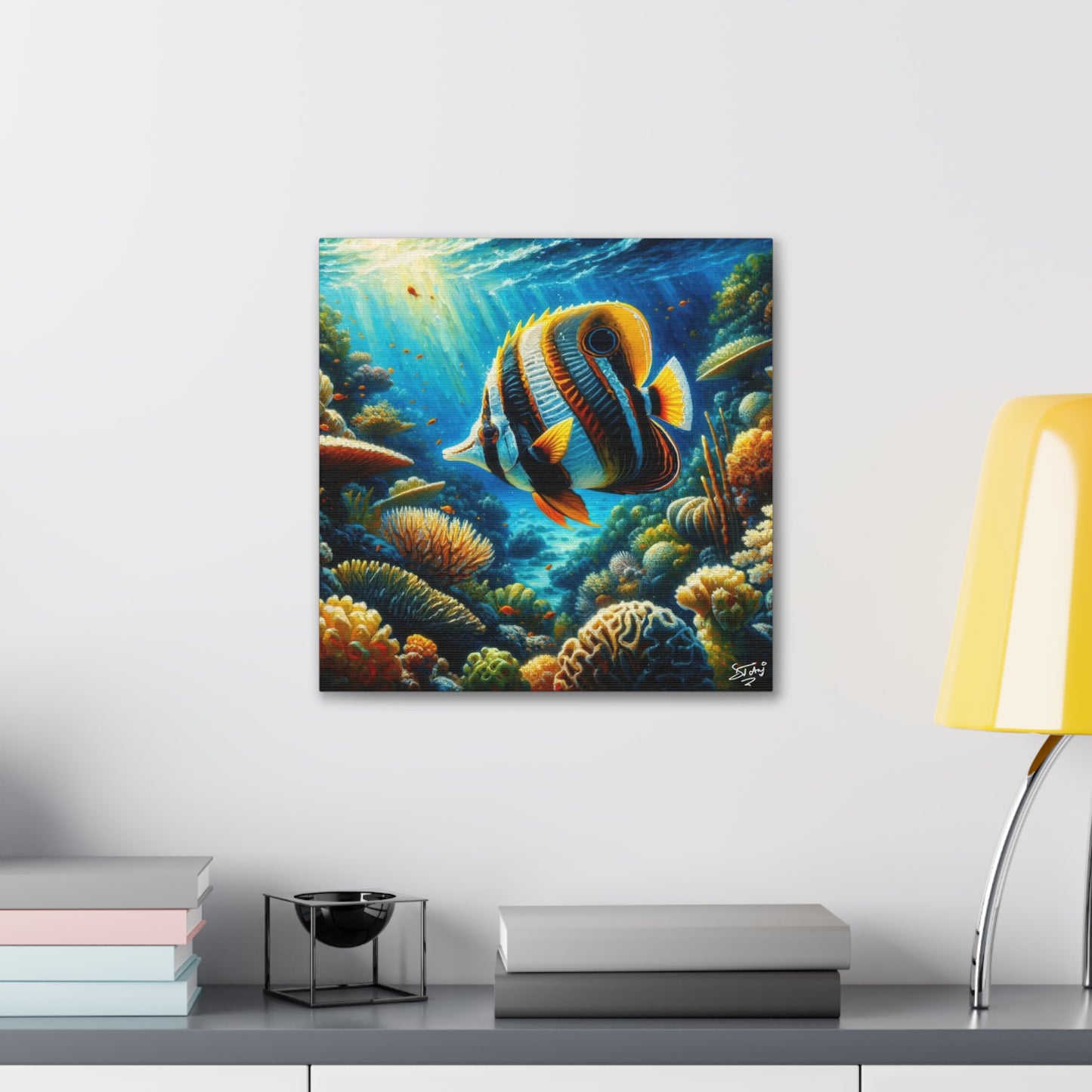 Art Print, Banded Butterflyfish in Coral Reef, Oil Finish, Caribbean Nature, Semi-Abstract, Canvas Gallery Wrap