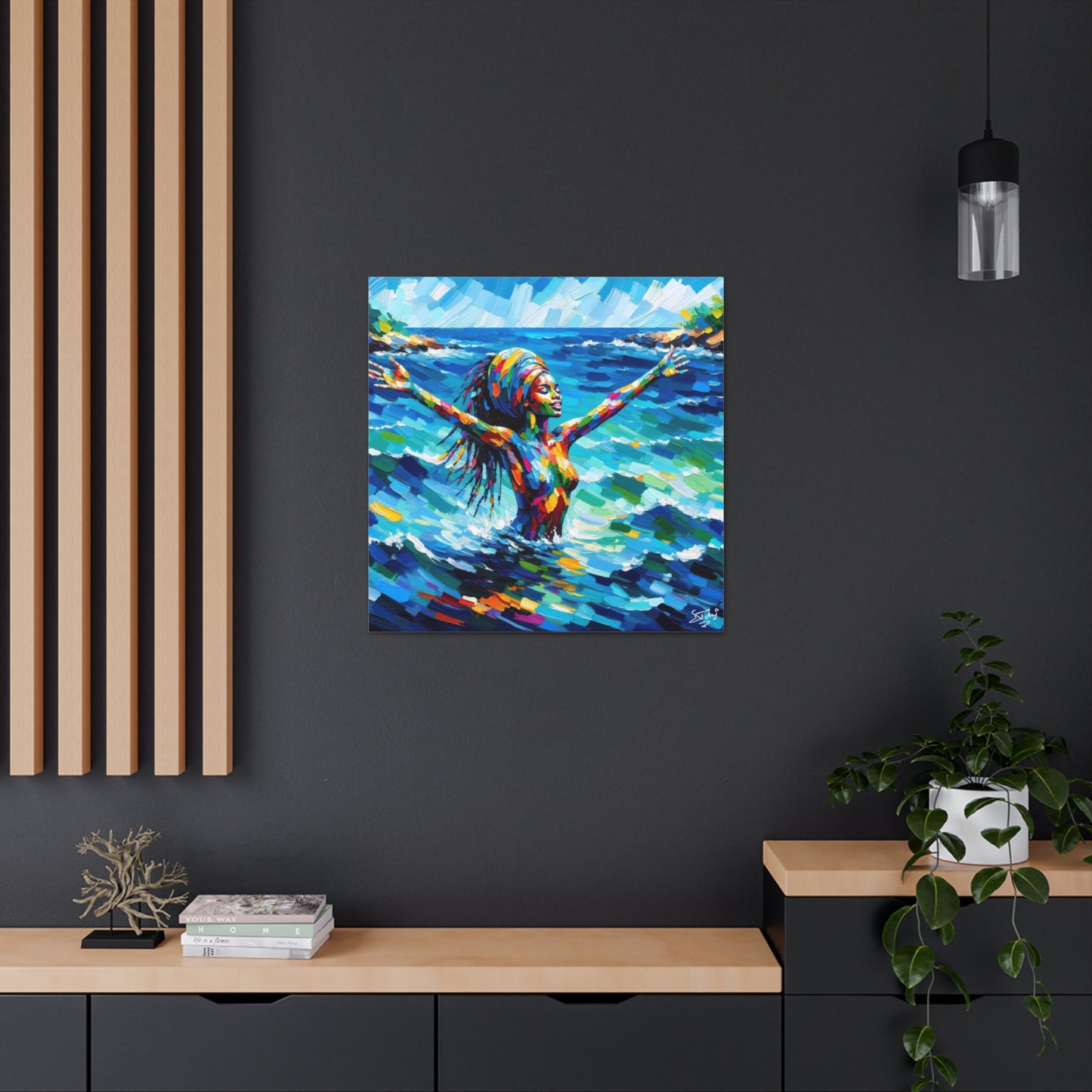 Art Print, Black Woman, Sea Bath, Oil Finish, Caribbean Nature, Semi-Abstract, Canvas Gallery Wrap