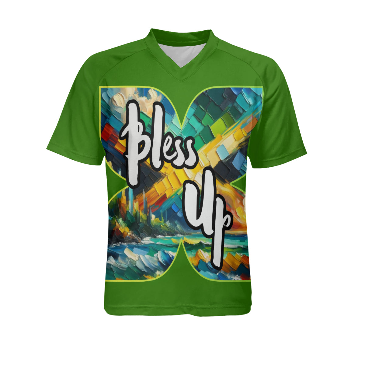 Men's V-Neck Polyester T-Shirt "Bless Up, Wah Gwaan"