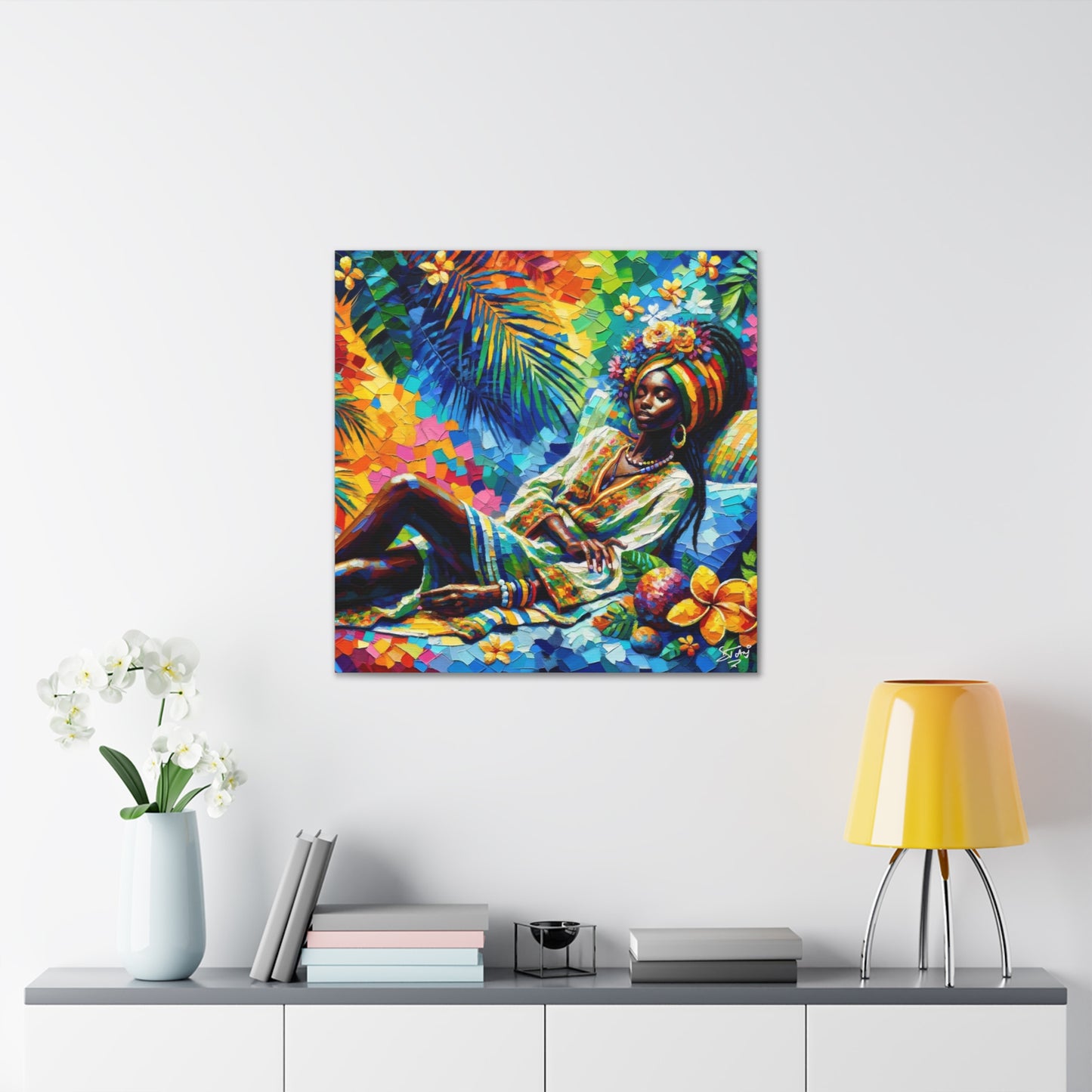 Art Print, Afro-Caribbean Woman, "Taking a Siesta" Oil Finish, West Indian Ethnicity, Cultural, Heritage, Abstract, Canvas Gallery Wrap