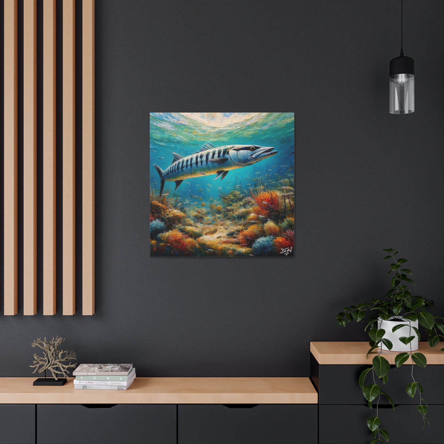 Art Print, Great Barracuda, Oil Finish, Caribbean Nature, Canvas Gallery Wrap