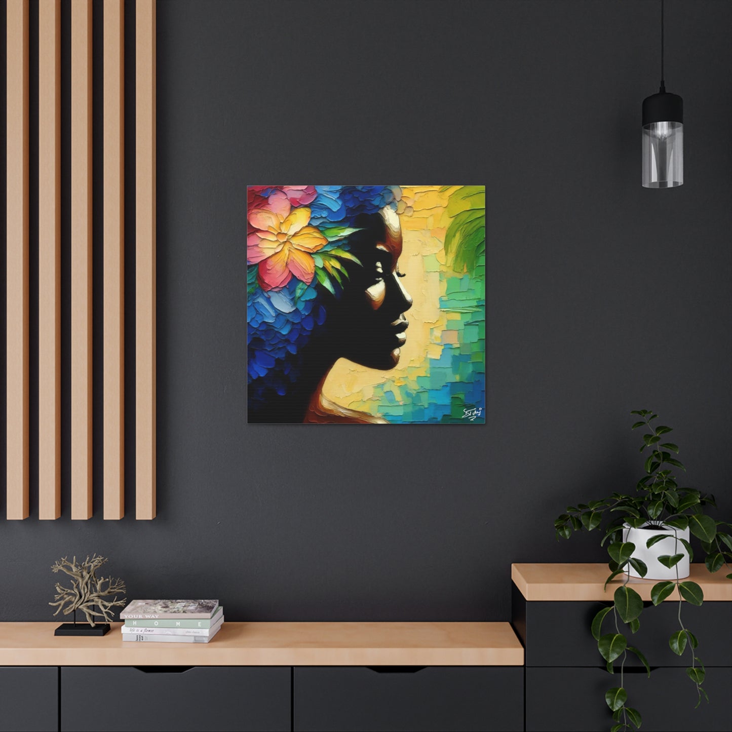 Art Print, Afro-Caribbean Woman "Deep in Thought" Oil Finish, West Indian Ethnicity, Cultural, Heritage, Semi-Abstract, Canvas Gallery Wrap