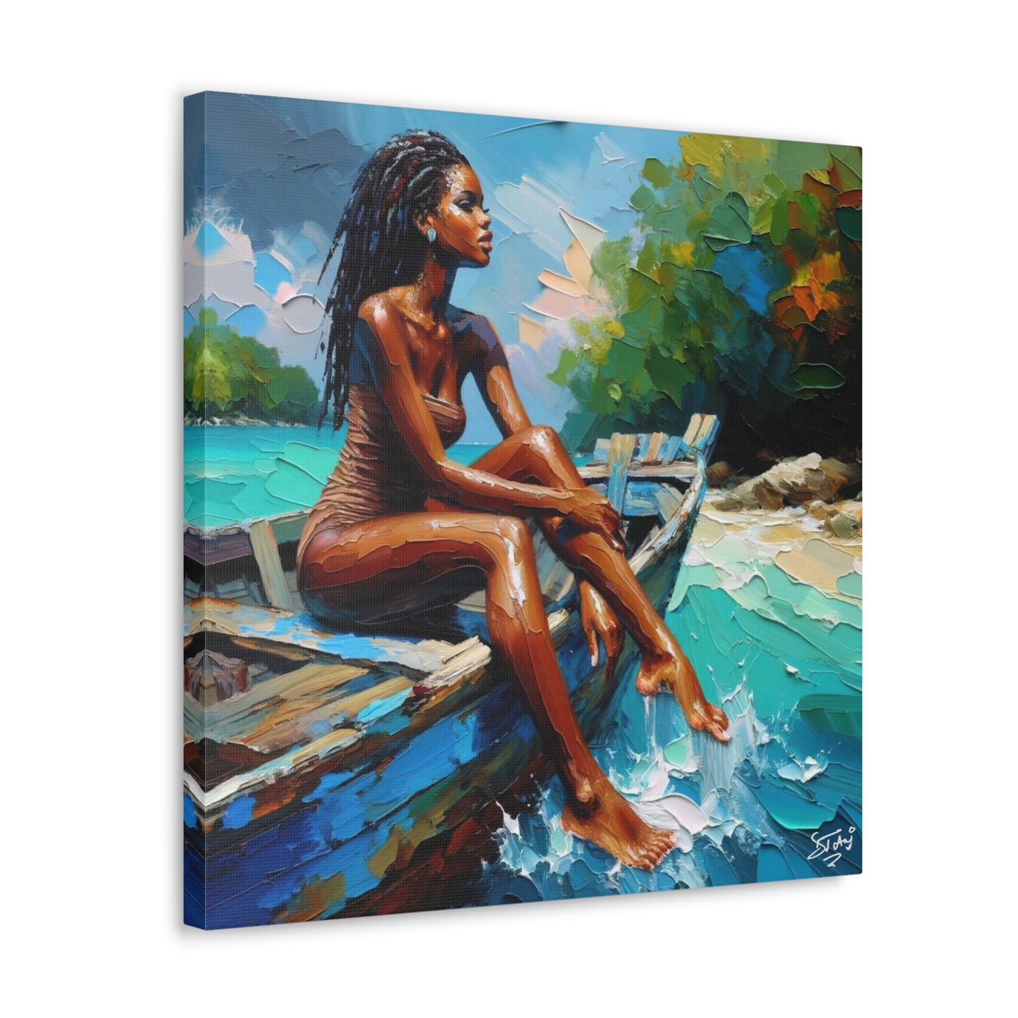 Art Print, Afro-Caribbean Woman "Chilling in the Boat (3)" Oil Finish, West Indian Ethnicity, Cultural, Heritage, Semi-Abstract, Canvas Gallery Wrap