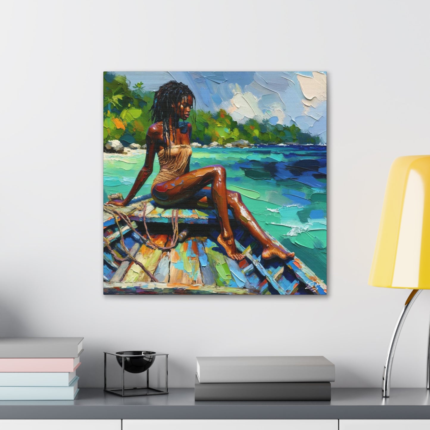 Art Print, Caribbean Woman "Chilling in the Boat" Oil Finish, West Indian Ethnicity, Cultural, Heritage, Semi-Abstract, Canvas Gallery Wrap