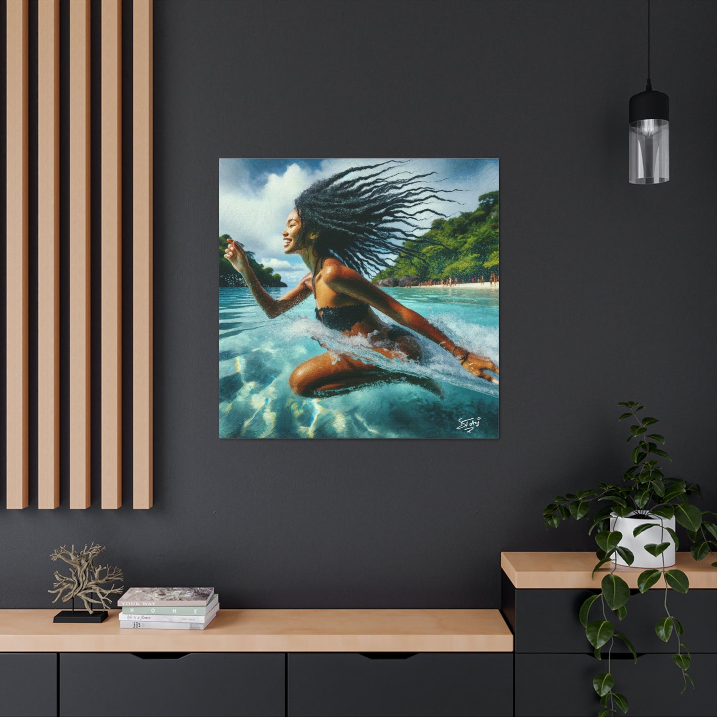 Art Print, Caribbean Woman, "Sea Bath" Abstract, Oil Finish, West Indian Ethnicity, Cultural, Heritage, Abstract, Canvas Gallery Wrap