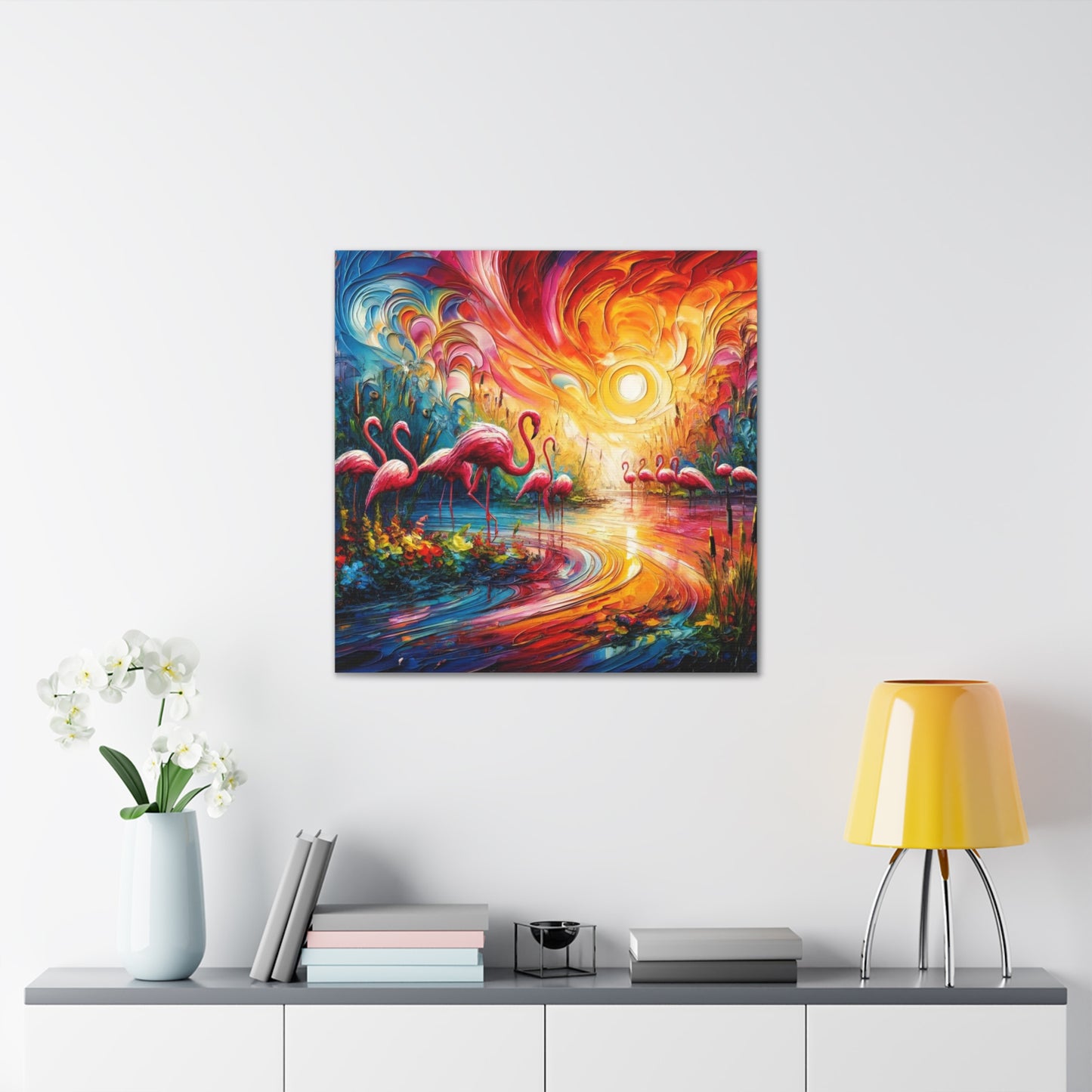 Art Print, Flamingos, Abstract Oil Finish, Trinidad & Tobago, Caribbean, West Indian Art, Canvas Gallery Wraps