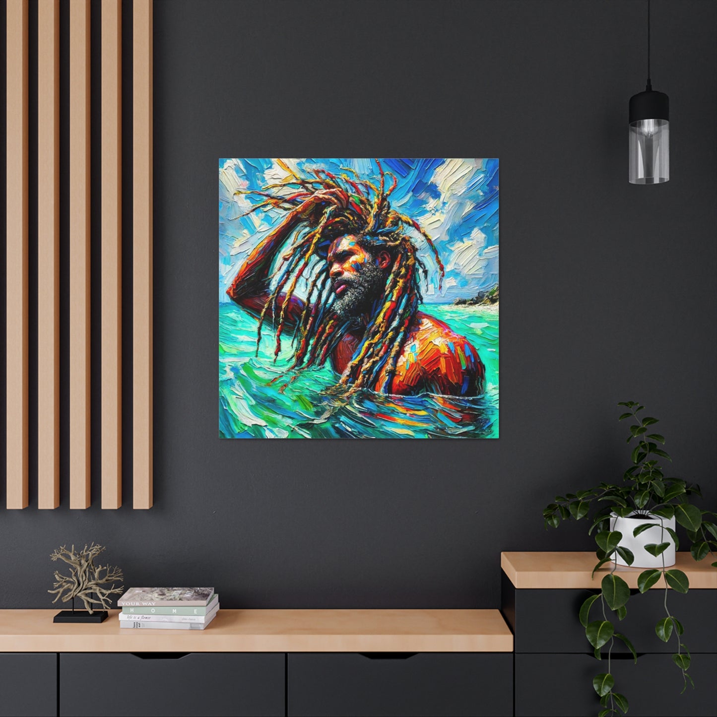 Art Print, Afro-Caribbean Man, "Sea Bath" Abstract, Semi-Abstract Oil Finish, West Indian Ethnicity, Cultural, Heritage, Abstract, Canvas Gallery Wrap